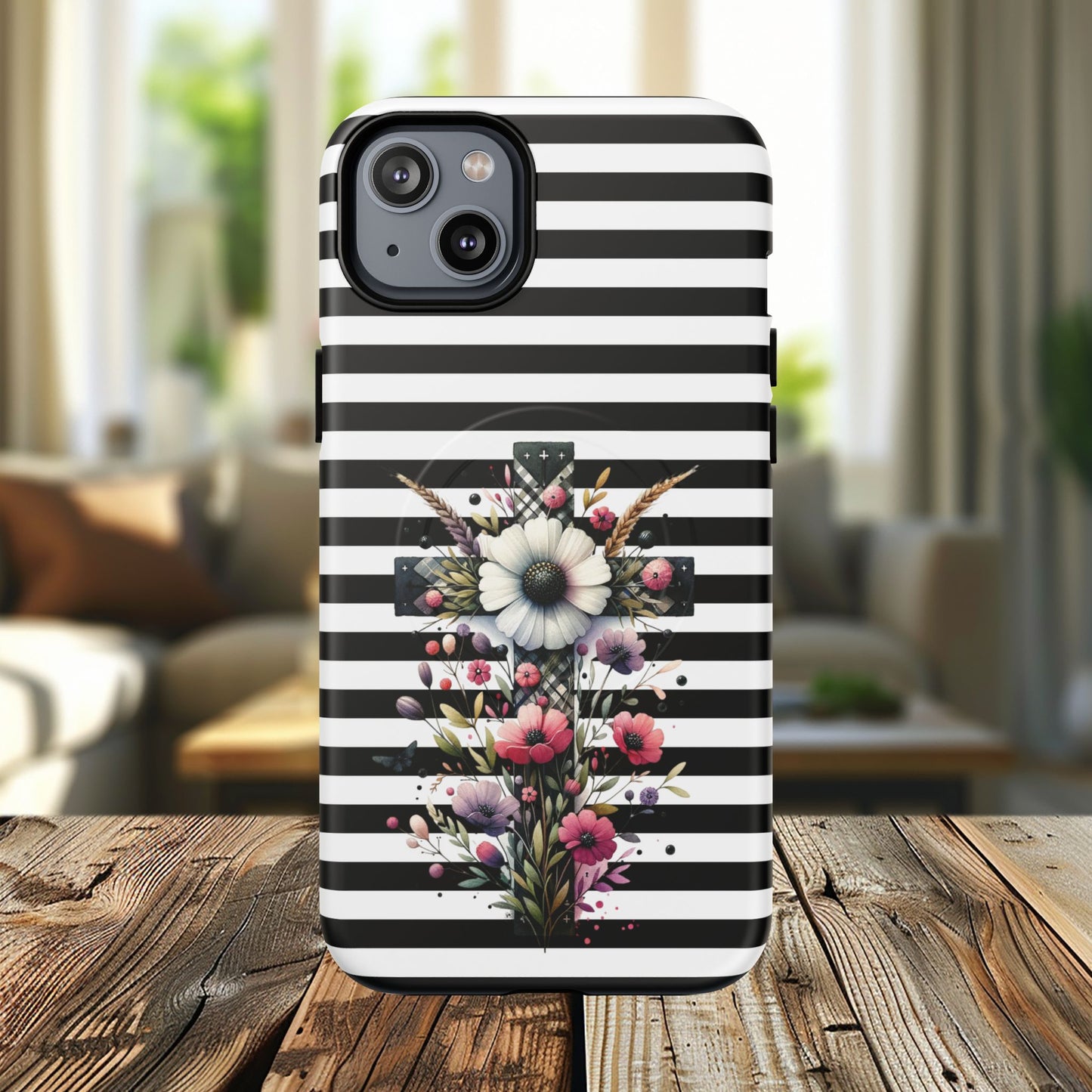 Faith in Bloom Tough iPhone Magnetic Case, iPhone Accessories, Floral iPhone Cover, Durable Cases for Gifts, Black and White Stripes