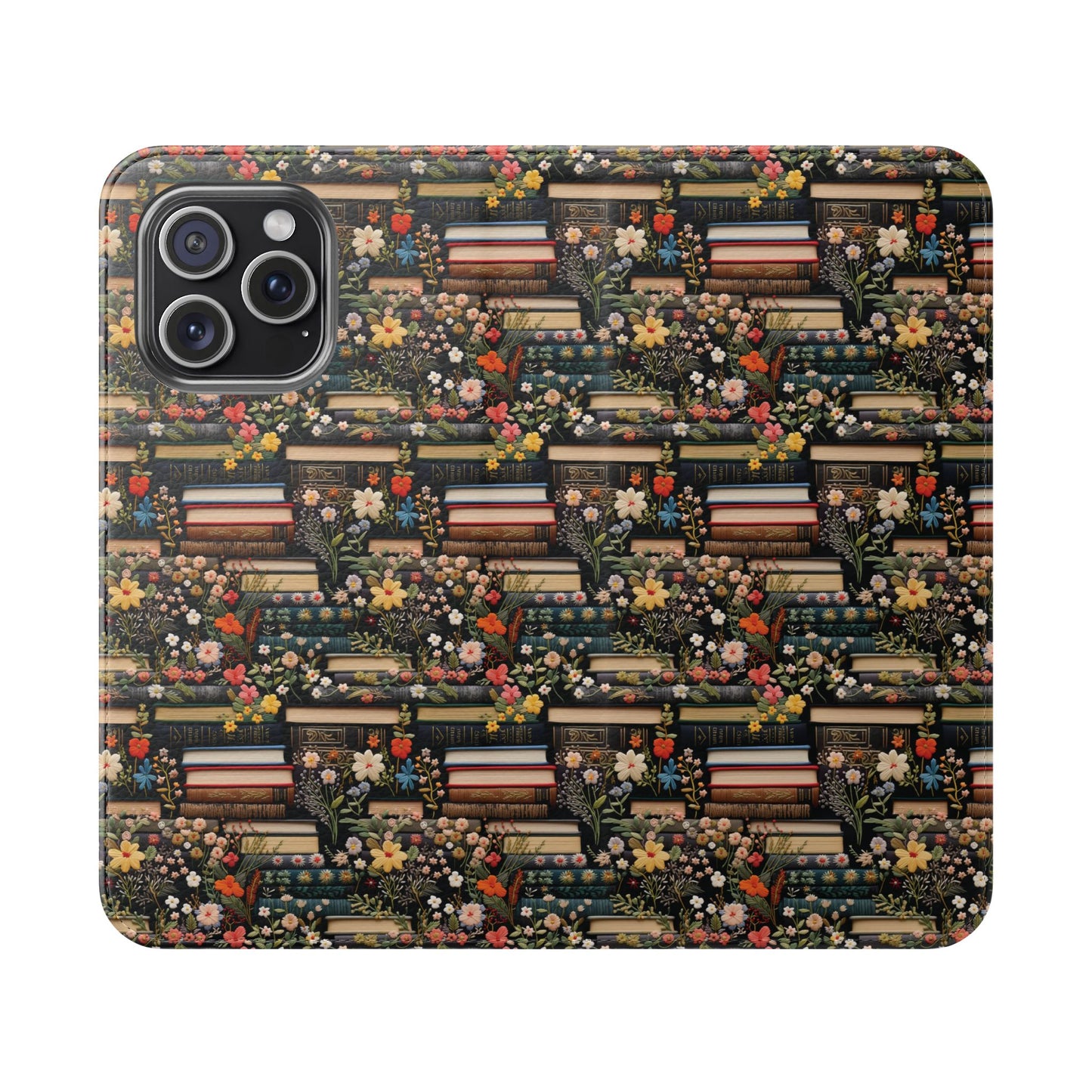 Book Stack Floral Flip iPhone and Samsung Phone Case — Vintage Library Wallet Cover.