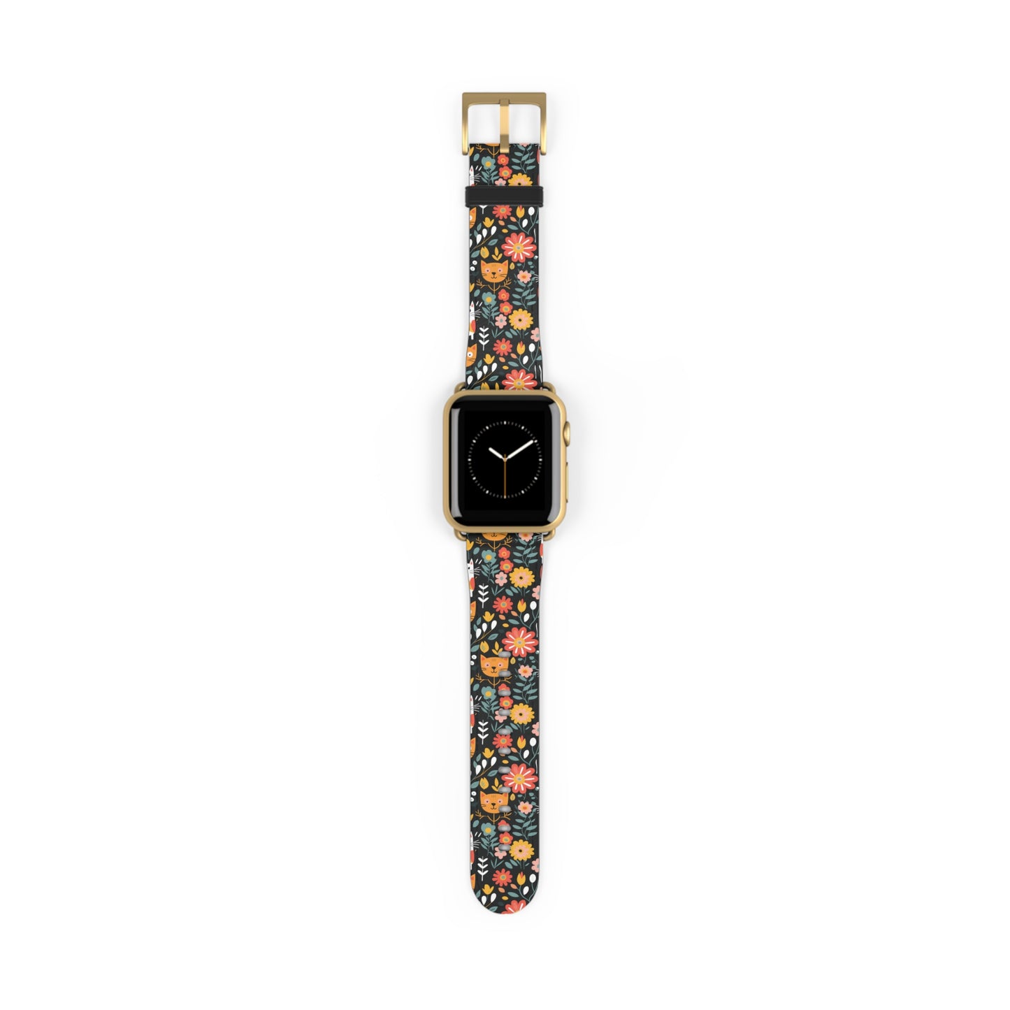 Whimsical Feline Garden Print Watch Band for Apple Watch - Cute Animal Design.