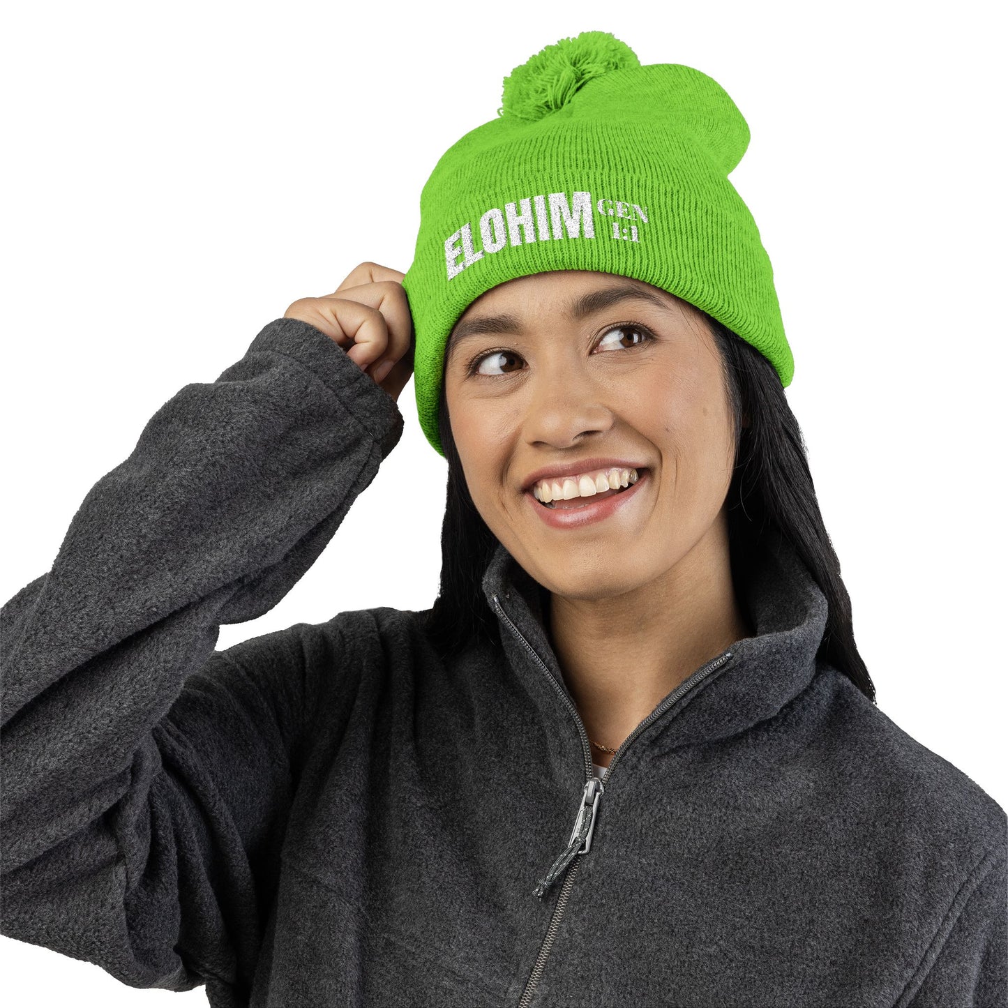 Pom-Pom Knit Cap with 'ELOHIM, GENESIS 1:1'  Embroidery Beanie - Stylish Winter Accessory for All Ages, Perfect Gift for Birthdays, Holidays, and Outdoor Activities