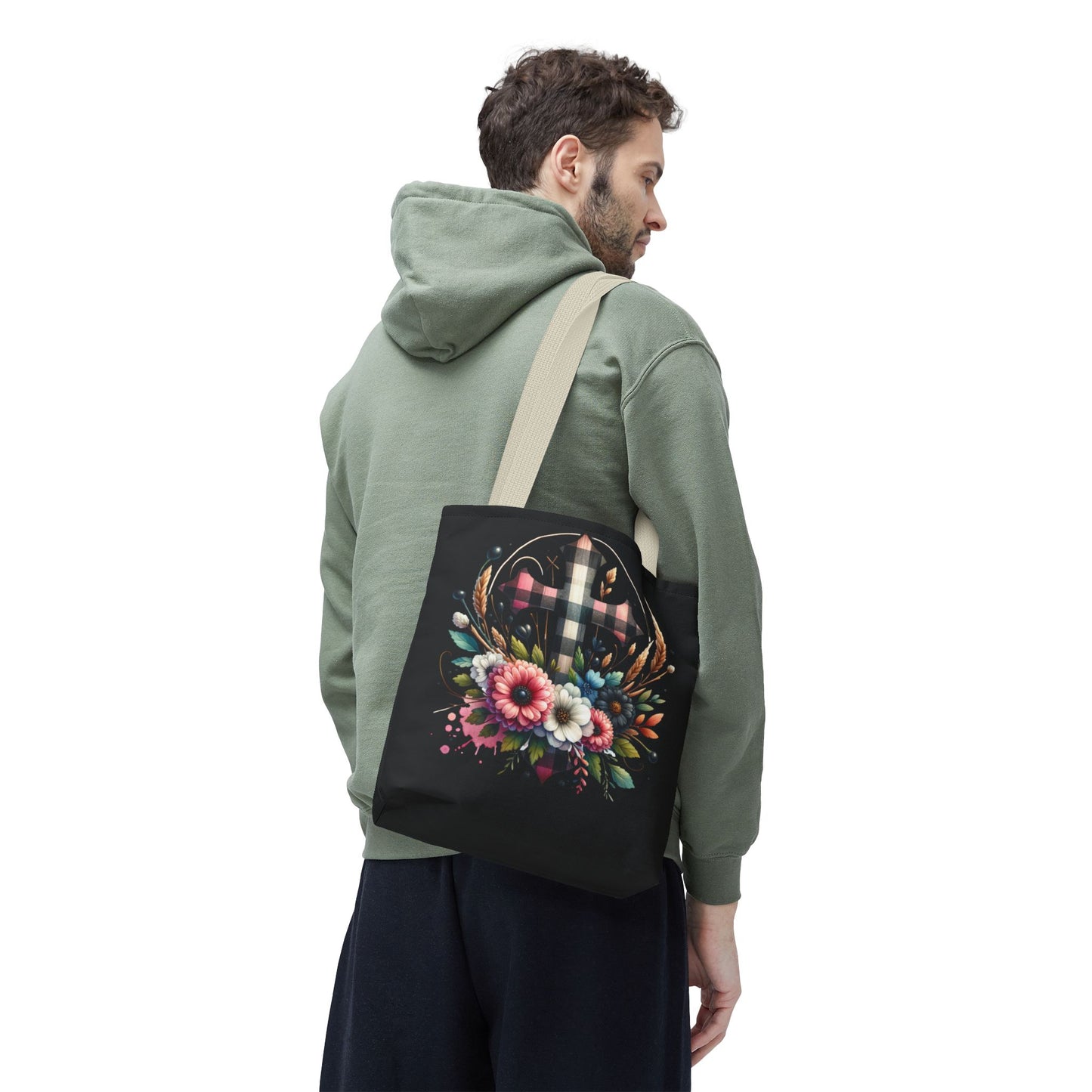 Faith and Floral Cross Heart Tote Bag