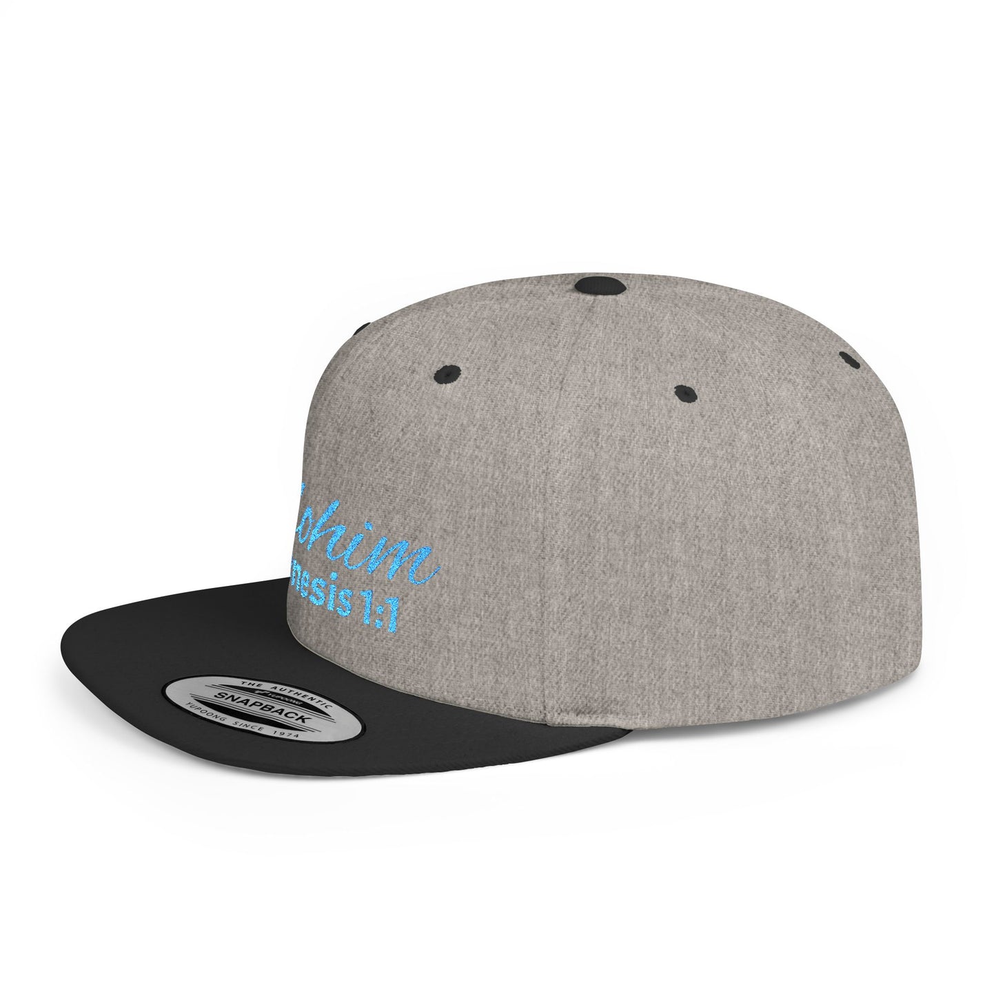 Teal Embroidery 'ELOHIM, GENESIS 1:1' Flat Bill Snapback Hat, Stylish Cap for Everyday Wear, Church Events, Gift for Him/Her, Streetwear Accessory, Casual Fashion