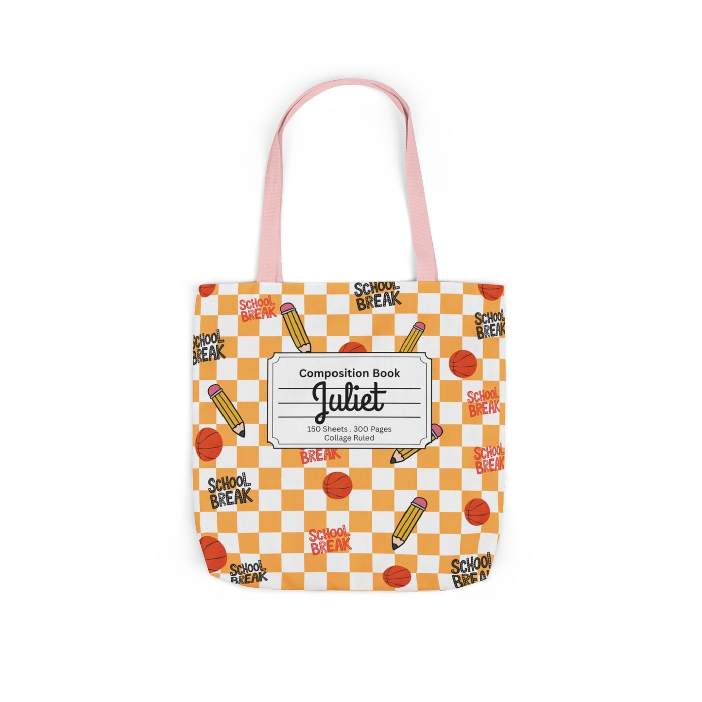 Personalized Orange Schoolyard Chic Composition Book Inspired Canvas Tote Bag with Colorful Straps, Cute School Bag, Eco-Friendly Tote, Back to School Shopping Bag, Teacher Gift Idea