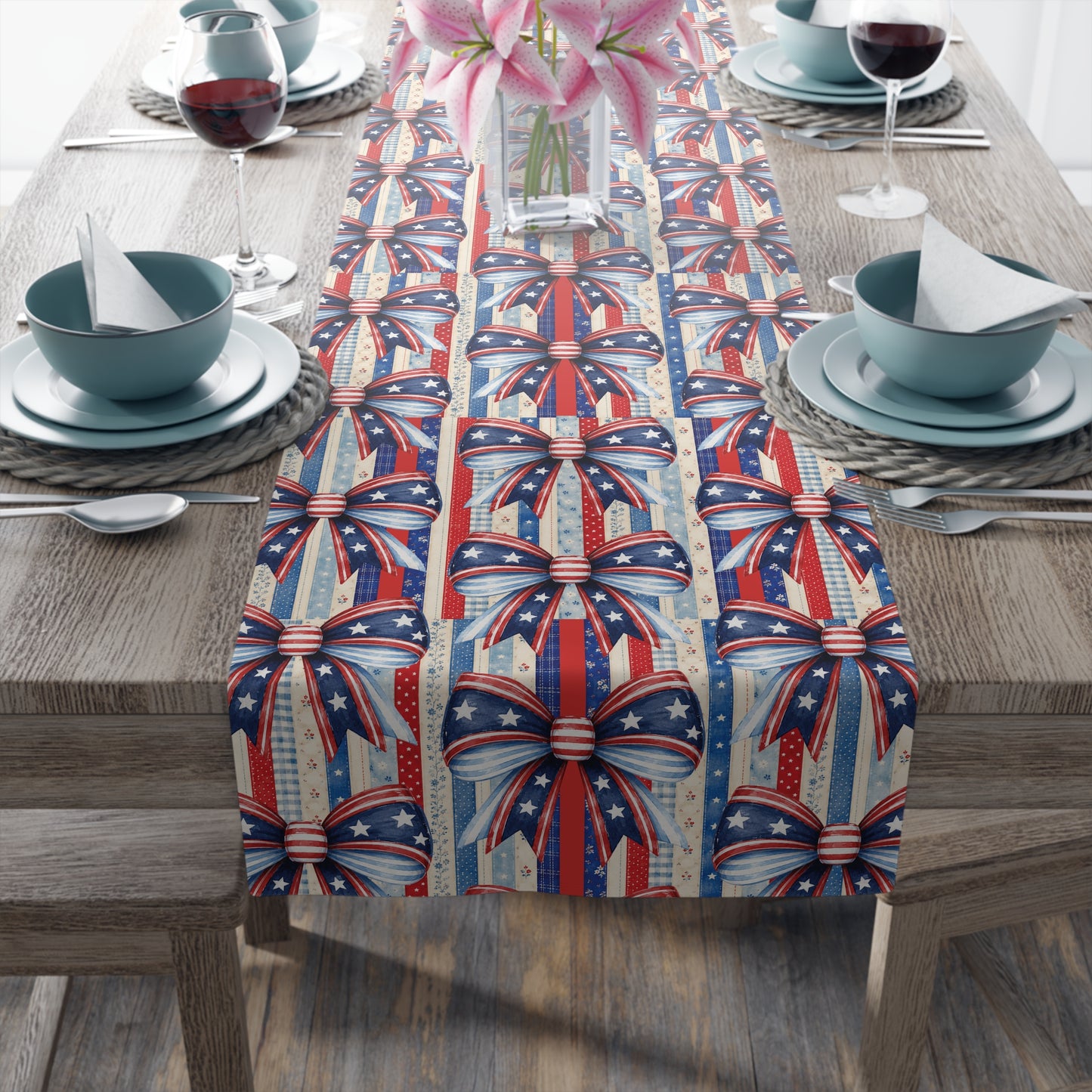 Patriotic Ribbon Table Runner — American Flag Stars & Stripes Cotton-Blend