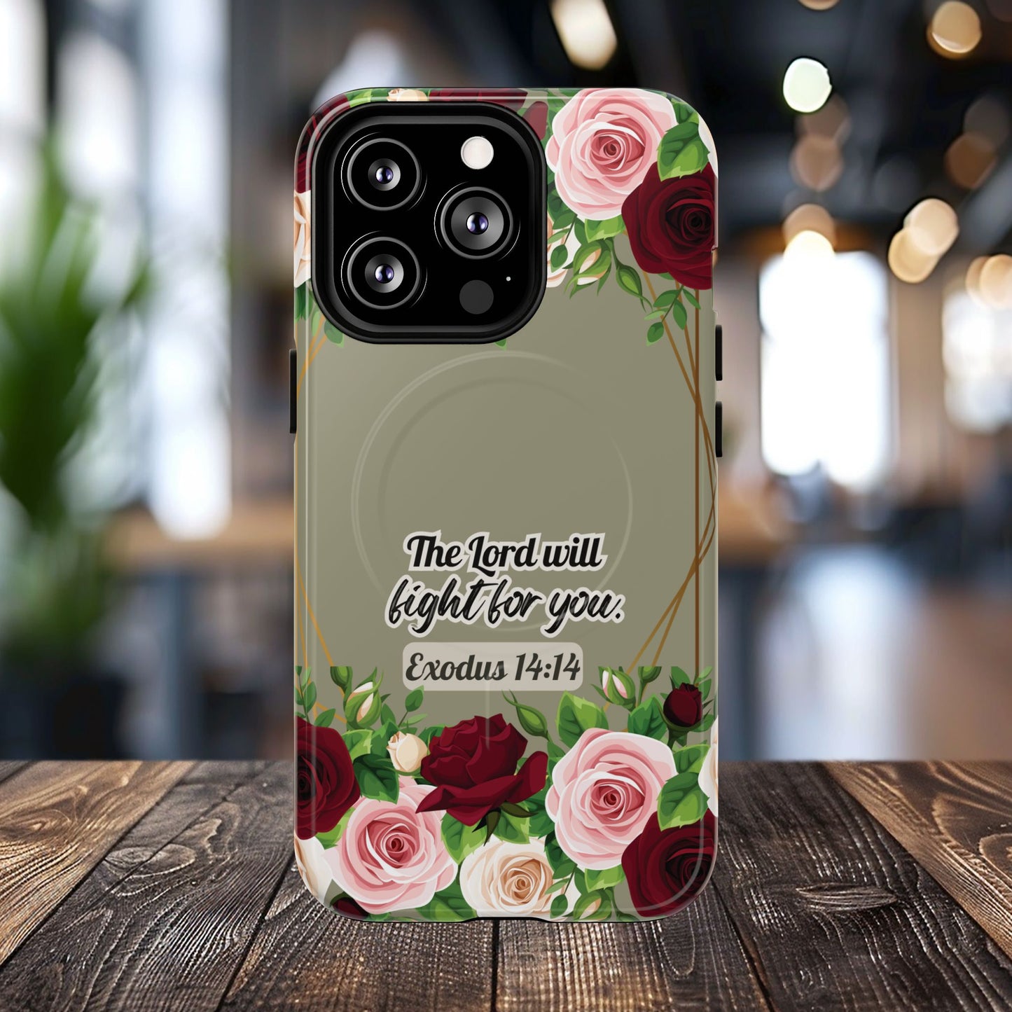 The Lord will Fight for You Exodus 14:14, Inspirational Gift, Tough iPhone Magnetic Case Scripture, Roses Bible Verse, MagSafe® iPhone® Tough Case, iPhone 14, iPhone 15, iPhone 16, Pro, Pro Max, Plus.