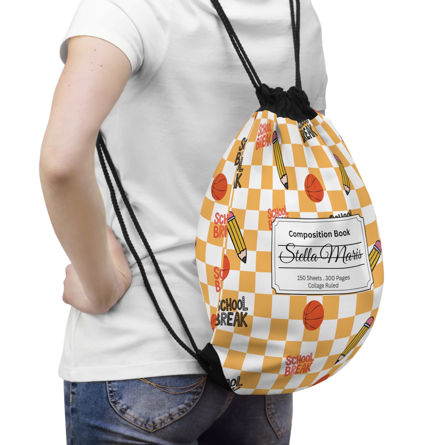 Custom Orange Schoolyard Chic Composition Book Inspired Colorful plsyful icons Drawstring Bag | Personalized College Ruled Tote | Kids School Gear | Fun Gym Sack | Back to School Accessory