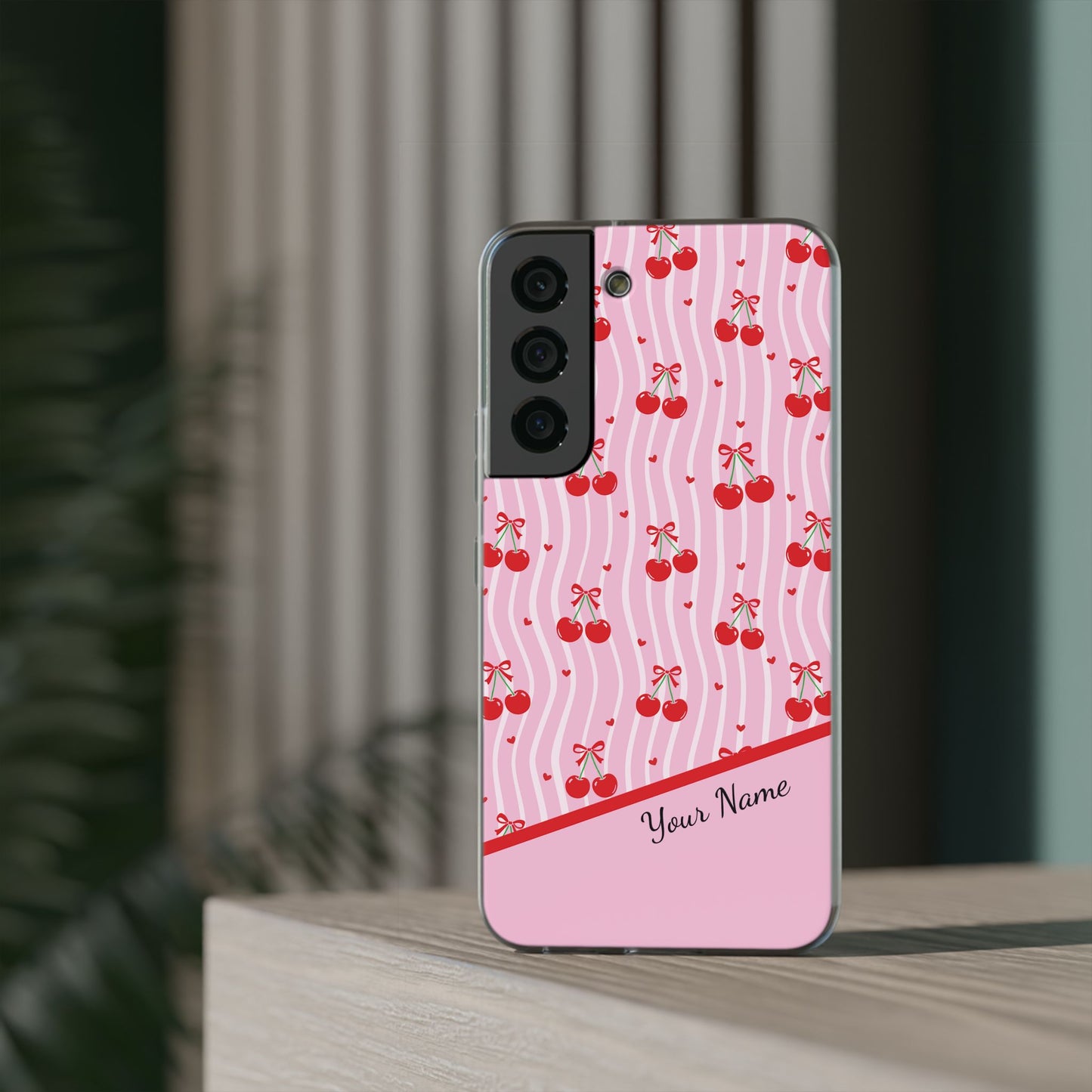 Personalized Cherry Blossom Dreams Flexi Case — Pink Retro Cherry iPhone® 7/8, 11, 12, 13, 14, 15, 16, 17, X/XS, SE, XR, Mini, Pro, Pro Max, Plus Cases.