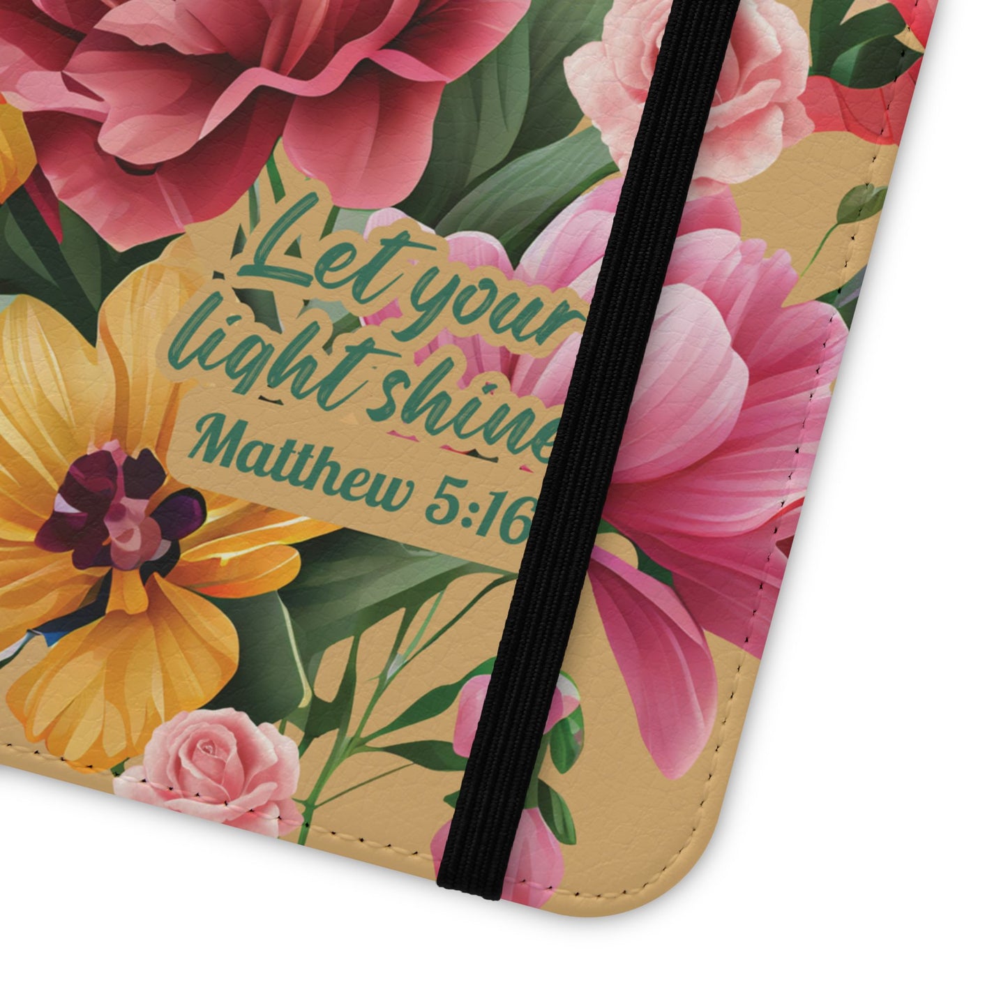 Floral Scripture Flip Case — "Let Your Light Shine" Wallet Phone Cover (Matthew 5:16)
