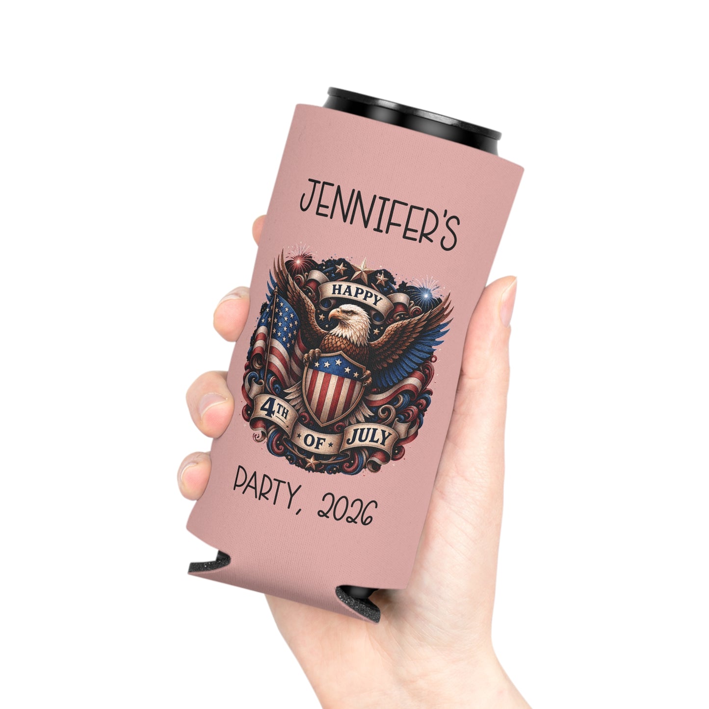 Personalized 4th of July Can Cooler — Custom Name Patriotic Eagle