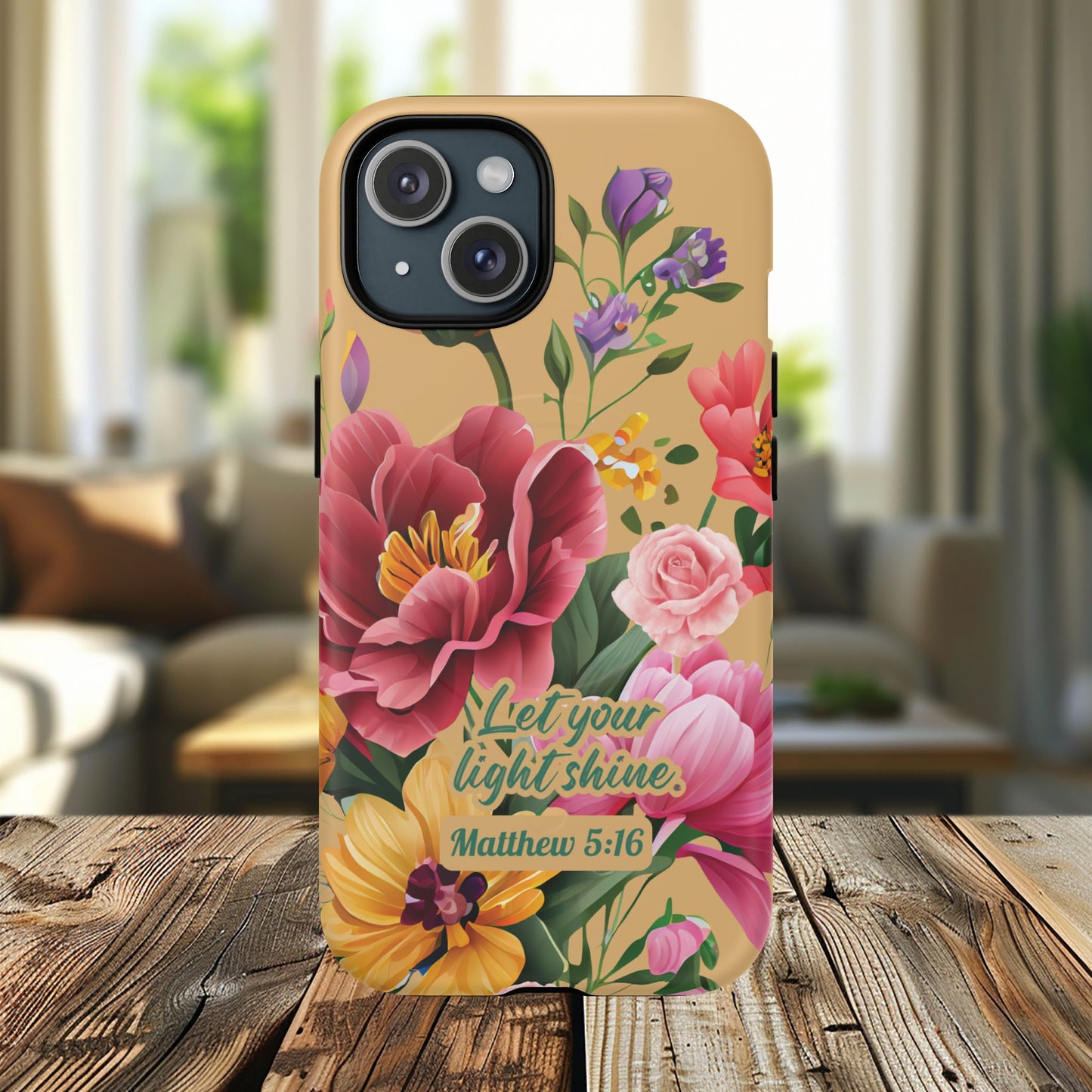 Let your Light Shine Matthew 5:16, Inspirational Gift, Tough iPhone Magnetic Case Scripture, Floral Bible Verse, MagSafe® iPhone® Tough Case, iPhone 14, iPhone 15, iPhone 16, Pro, Pro Max, Plus.
