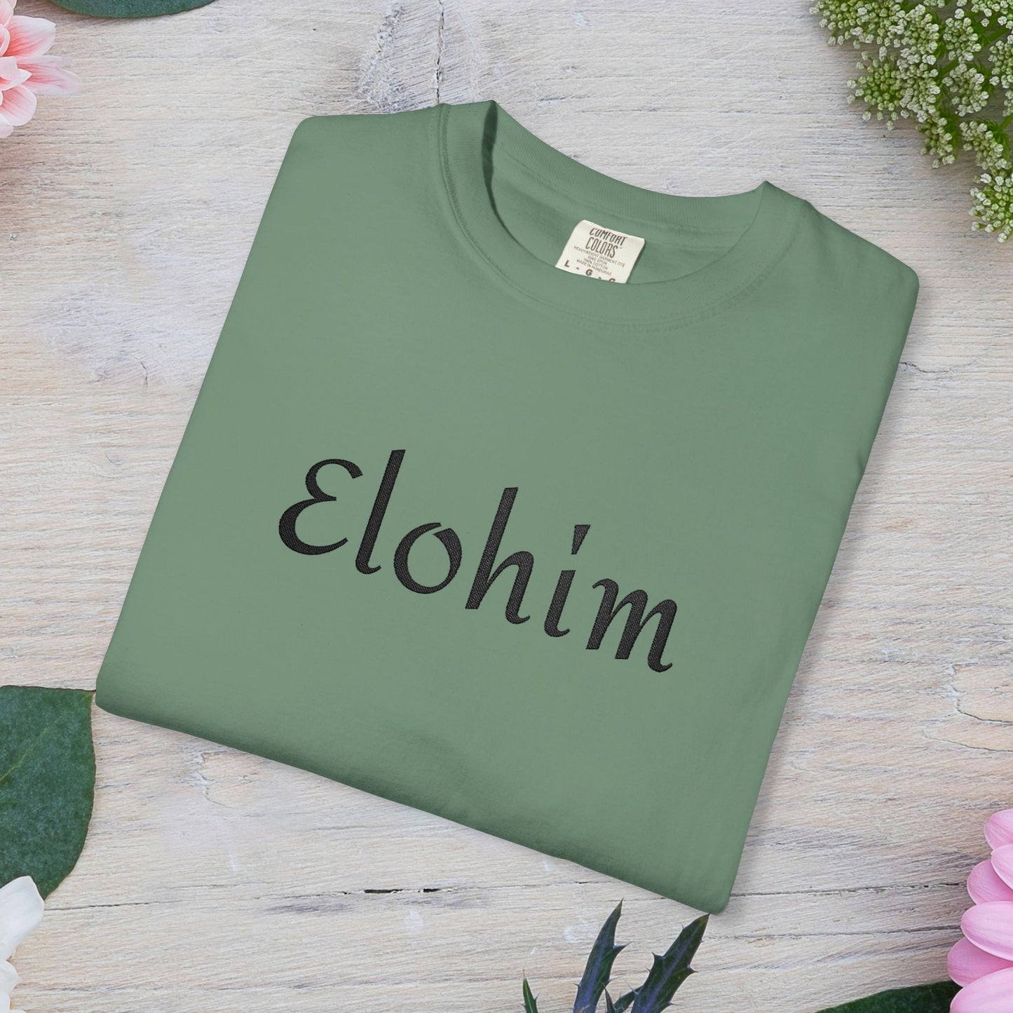 Embroidery 'ELOHIM, GENESIS 1:1' - Faith-Based Unisex Garment-Dyed Comfort Colors T-shirt, Faith Gift Tee, Religious Tee, Embroidery Tee.
