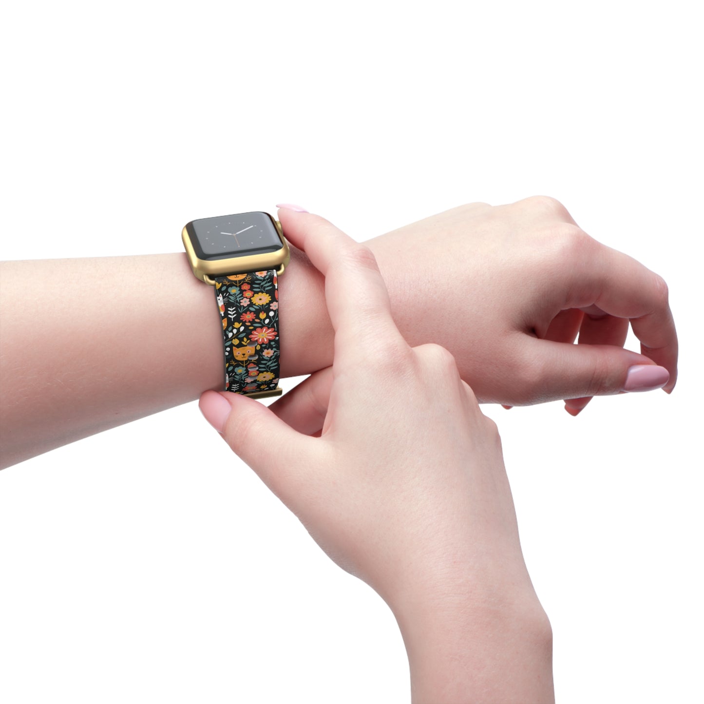 Whimsical Feline Garden Print Watch Band for Apple Watch - Cute Animal Design.
