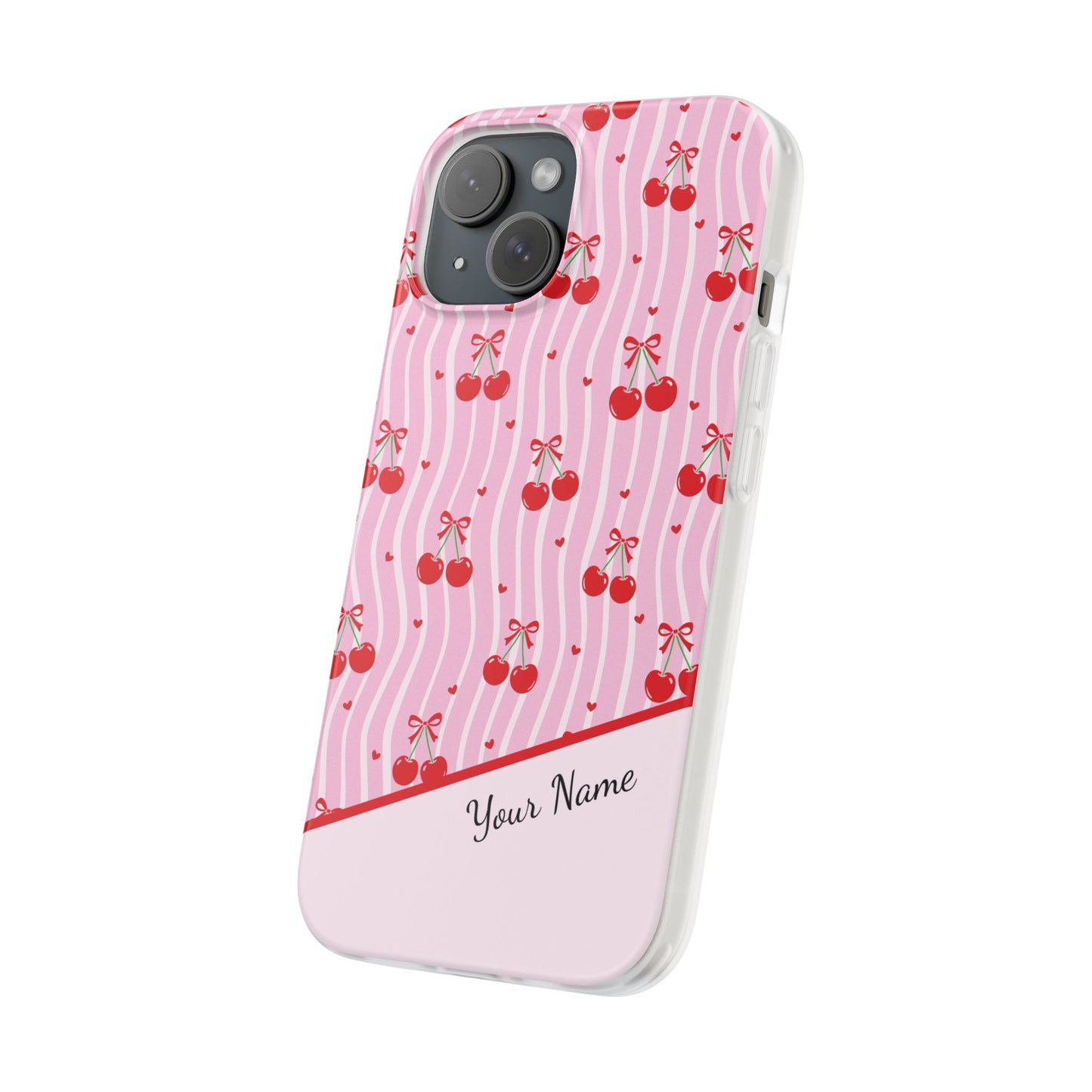 Personalized Cherry Blossom Dreams Flexi Case — Pink Retro Cherry iPhone® 7/8, 11, 12, 13, 14, 15, 16, 17, X/XS, SE, XR, Mini, Pro, Pro Max, Plus Cases.
