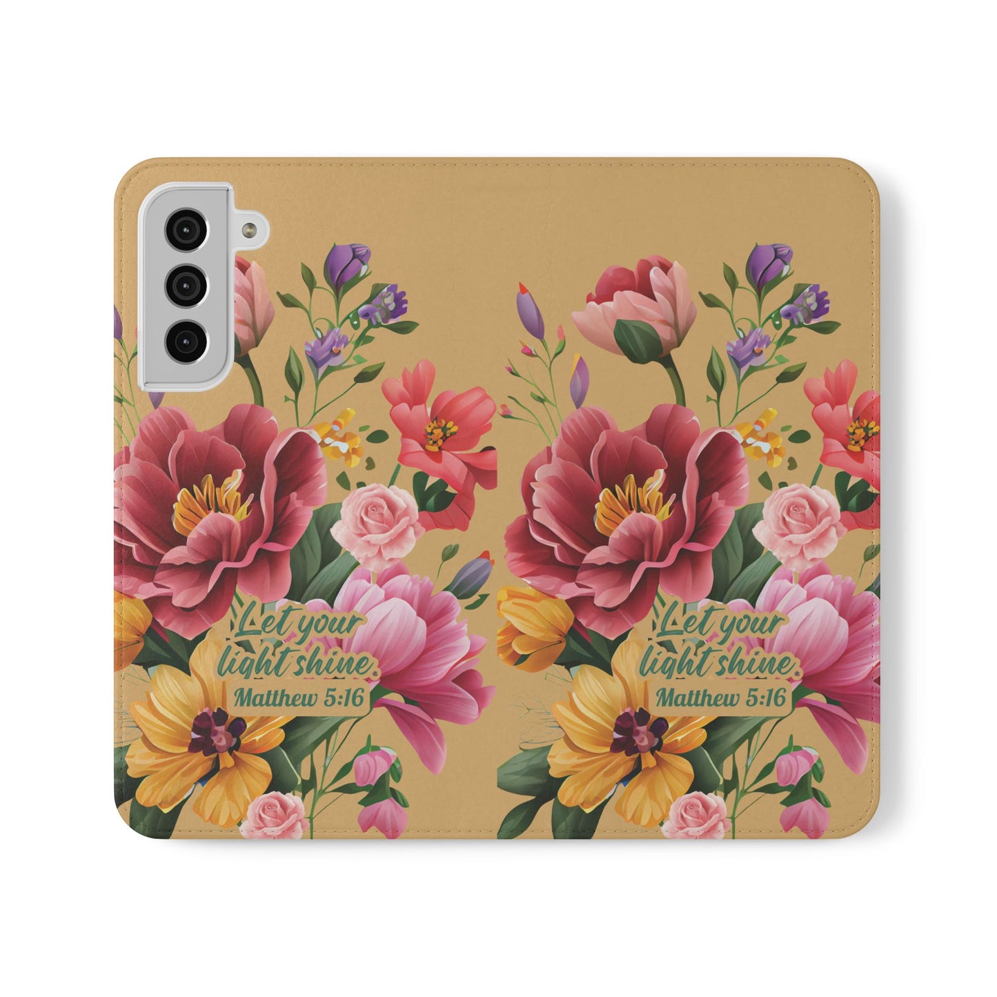 Floral Scripture Flip Case — "Let Your Light Shine" Wallet Phone Cover (Matthew 5:16)