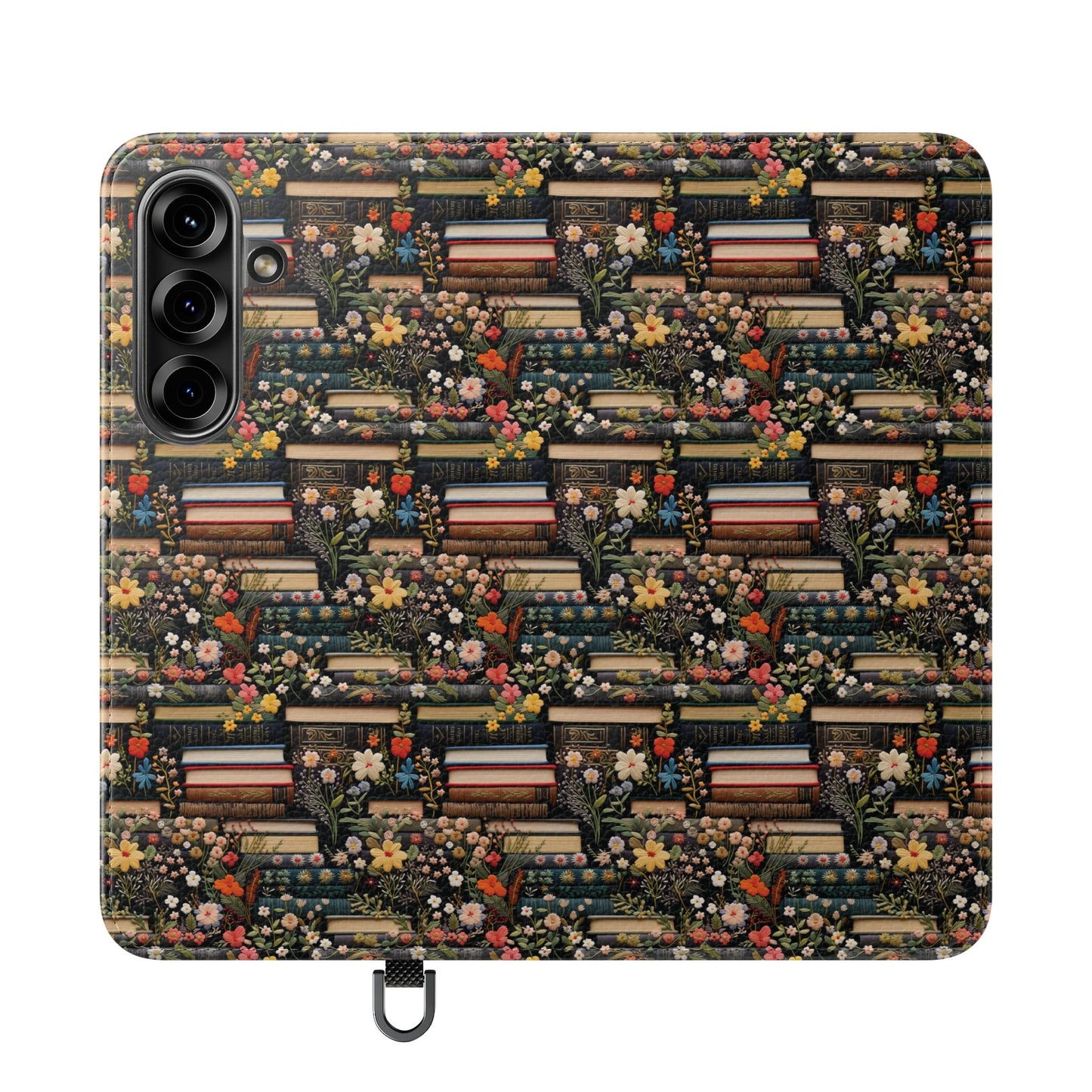 Book Stack Floral Flip iPhone and Samsung Phone Case — Vintage Library Wallet Cover.