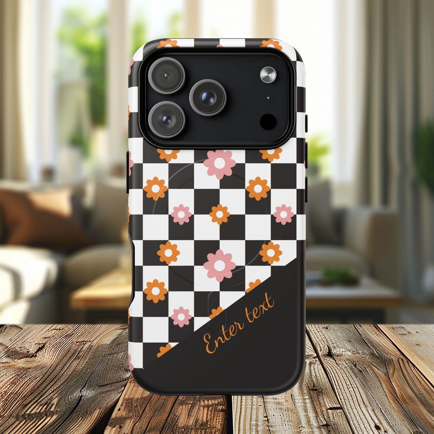 Groovy Checkered Bloom iPhone Case, Tough Magnetic Cases for Women, Stylish iPhone Cover, Trendy Floral Print, Gift for Her, Everyday Accessories
