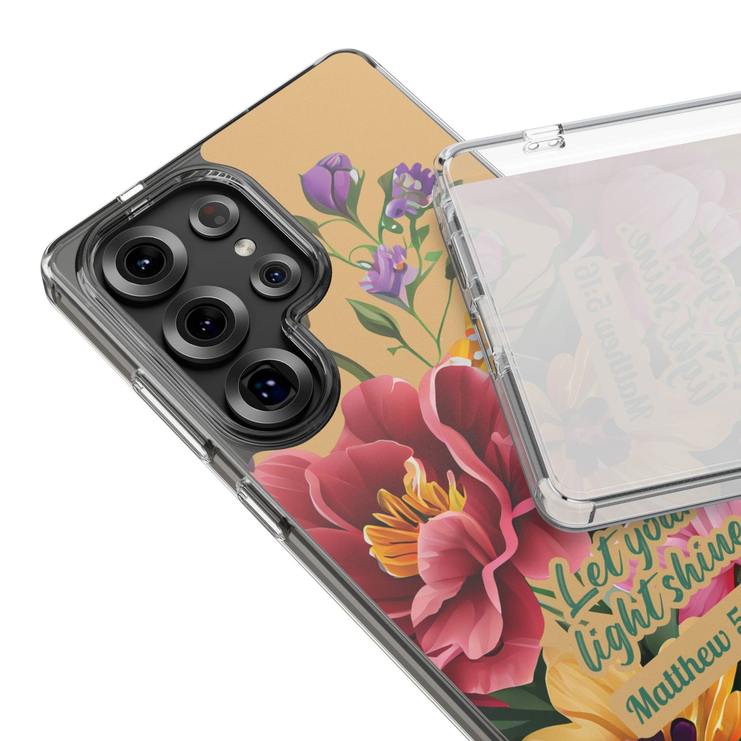 Clear Floral Bible Verse Phone Case — "Let Your Light Shine" (Matthew 5:16) for iPhone and Samsung Cases.