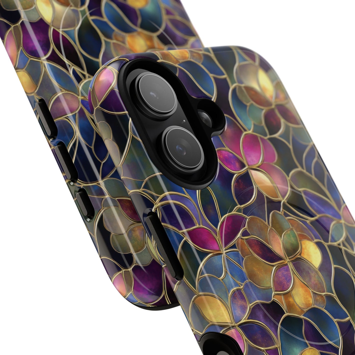 Chromatic Bloom Tough iPhone Magnetic Case, Tough iPhone Cover, Floral iPhone Accessory, Birthday Gift, Elegant Tech Decor, MagSafe Stained Glass Pattern.