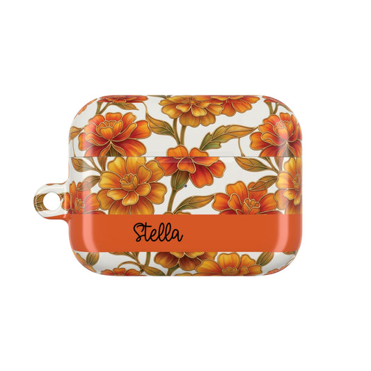 Stained Glass Effect Floral Orange Marigold AirPod Case — Personalized Name Option