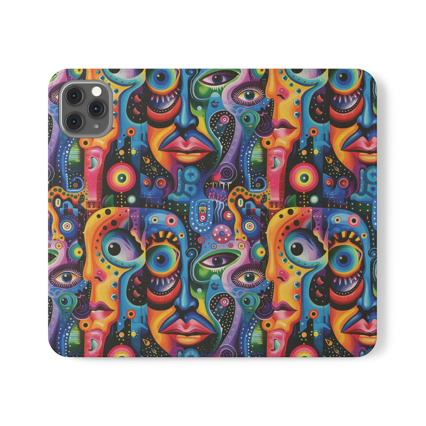 Psychedelic Visions Vibrant Art Flip iPhone and Samsung Phone Case - Colorful Faces Design for Phone Protection