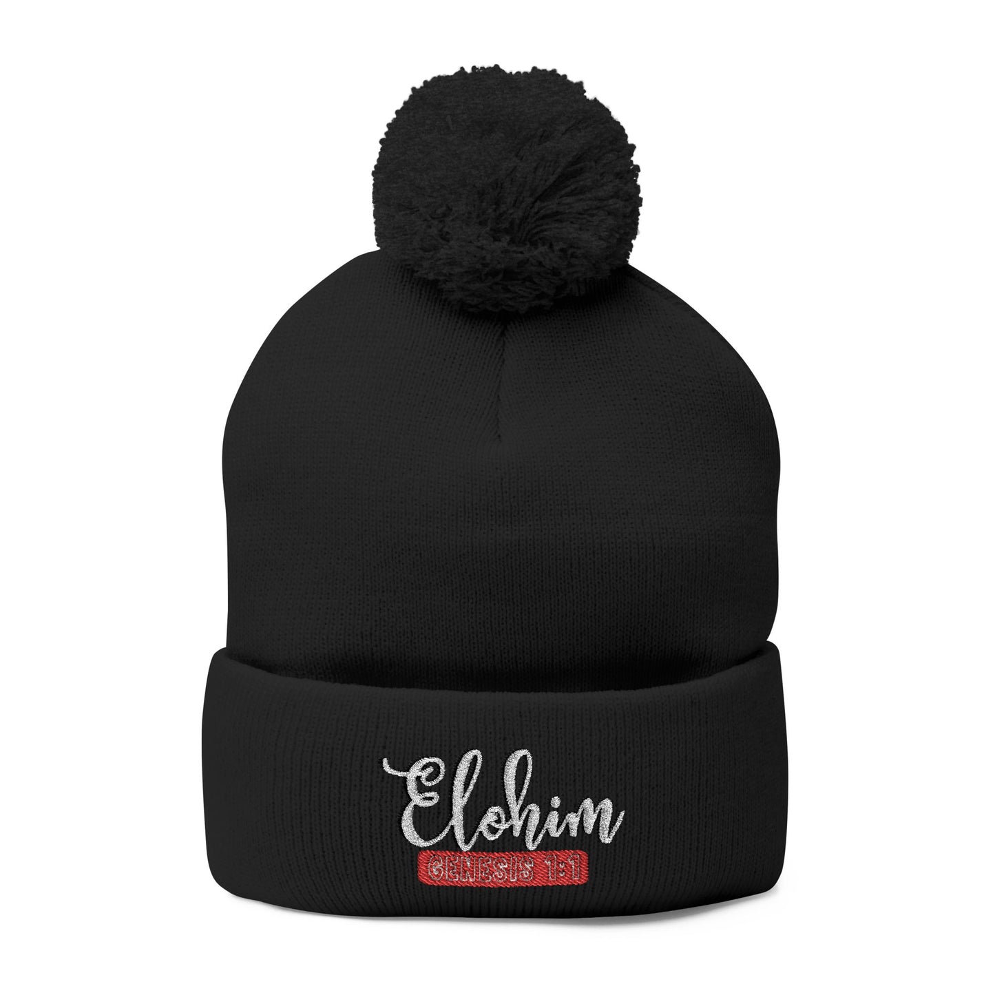 Pom-Pom Knit Cap with 'ELOHIM, GENESIS 1:1'  Embroidery Beanie - Stylish Winter Accessory for All Ages, Perfect Gift for Birthdays, Holidays, and Outdoor Activities