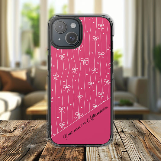 Personalized Pink Bow Coquette Tough Magnetic MagSafe® Clear iPhone Case  iPhone® 13, 14, iPhone 15, iPhone 16, iPhone 17, Pro, Pro Max, Plus Cases.
