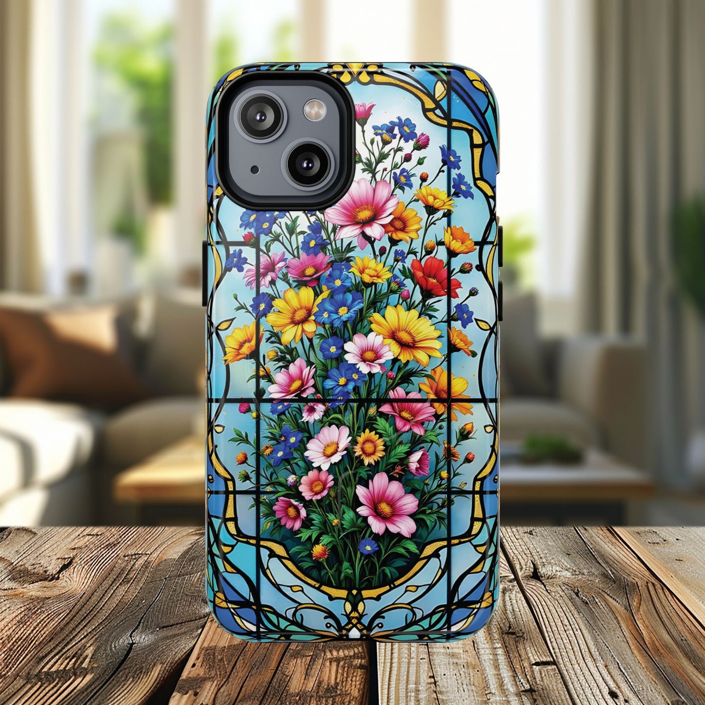 Floral Stained Glass Tough Magnetic Case, Durable Phone Cover, Gift for Nature Lovers, Unique Floral Design, Phone Accessories for All Occasions.