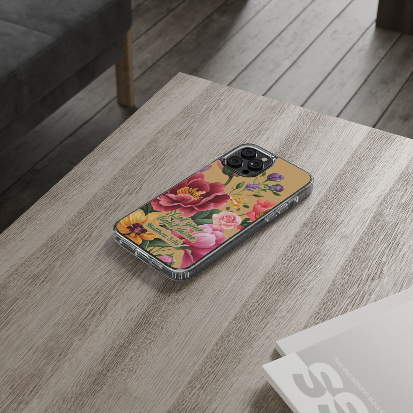 Clear Floral Bible Verse Phone Case — "Let Your Light Shine" (Matthew 5:16) for iPhone and Samsung Cases.
