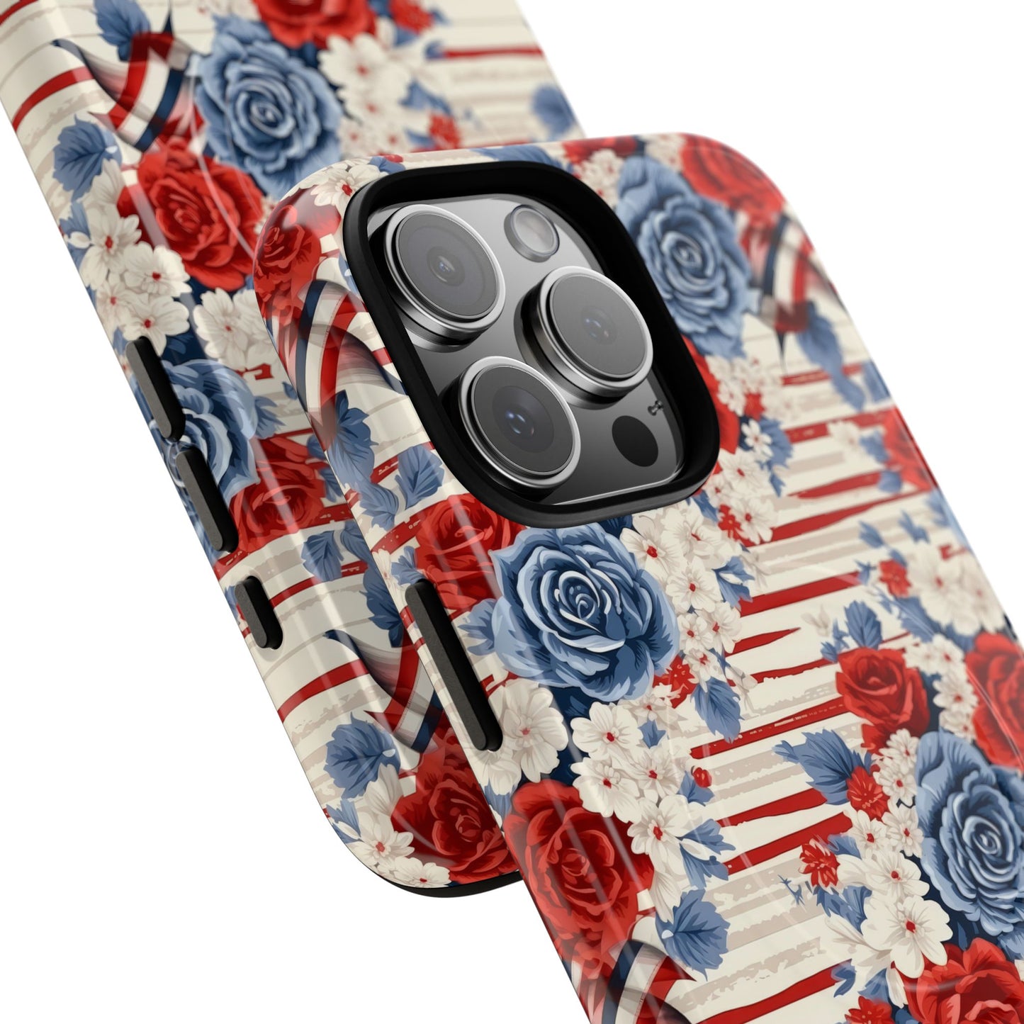 Floral Freedom Tough iPhone Magnetic Case, Red Blue Flower Design,  iPhone MagSafe® compatibility Cover, Best Gift for Her, Holiday Present