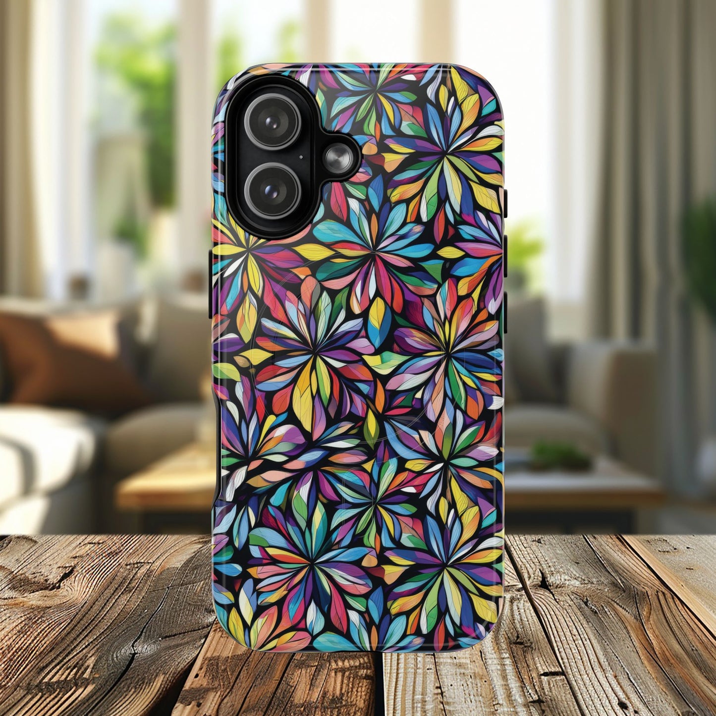 Prism Petal Burst Tough Magnetic iPhone Case, Colorful iPhone Case, Unique Gift for Flower Lovers, Stylish stained Glass Accessory