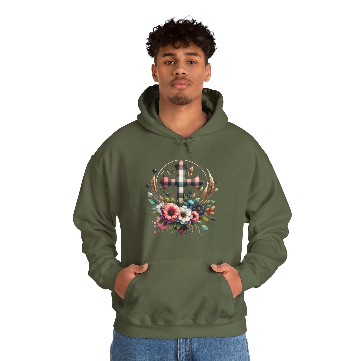 Faith and Floral Cross Unisex Heavy Blend™ Gildan Hooded Sweatshirt.