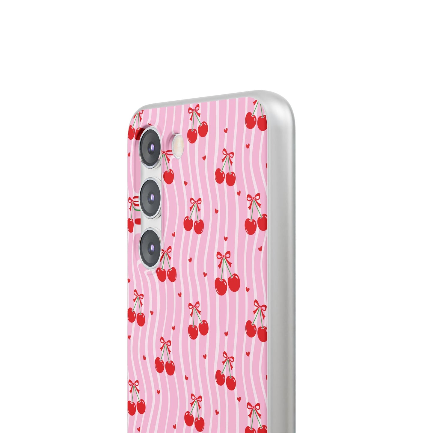 Personalized Cherry Blossom Dreams Flexi Case — Pink Retro Cherry iPhone® 7/8, 11, 12, 13, 14, 15, 16, 17, X/XS, SE, XR, Mini, Pro, Pro Max, Plus Cases.