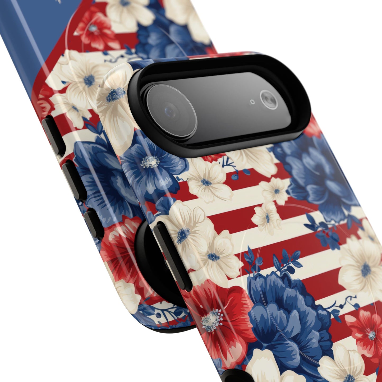 Personalized Stars, Stripes & Petals Tough Magnetic MagSafe Case, Patriotic Cover, Floral Design, Durable Protection, Gift for Her, Summer Vibes