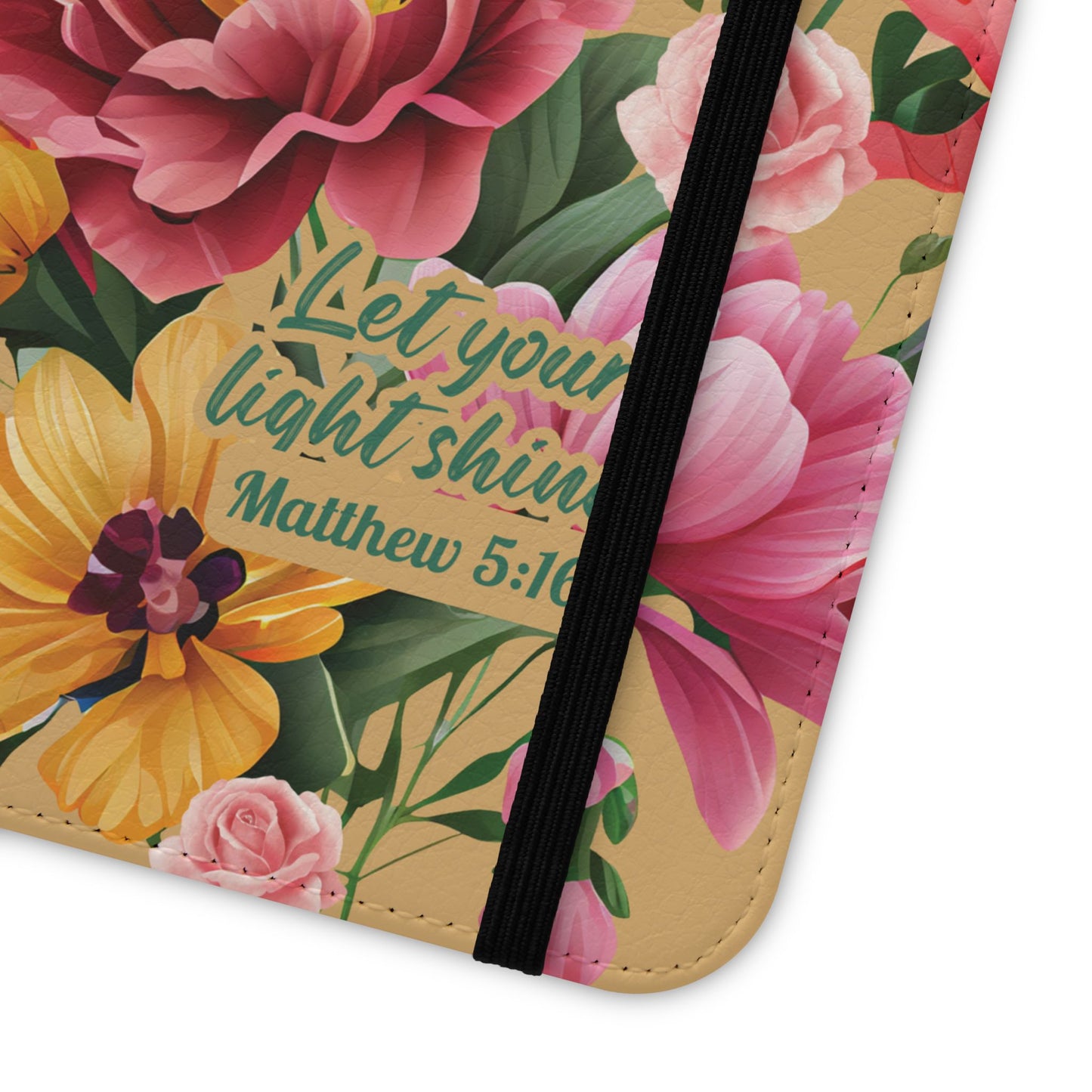Floral Scripture Flip Case — "Let Your Light Shine" Wallet Phone Cover (Matthew 5:16)