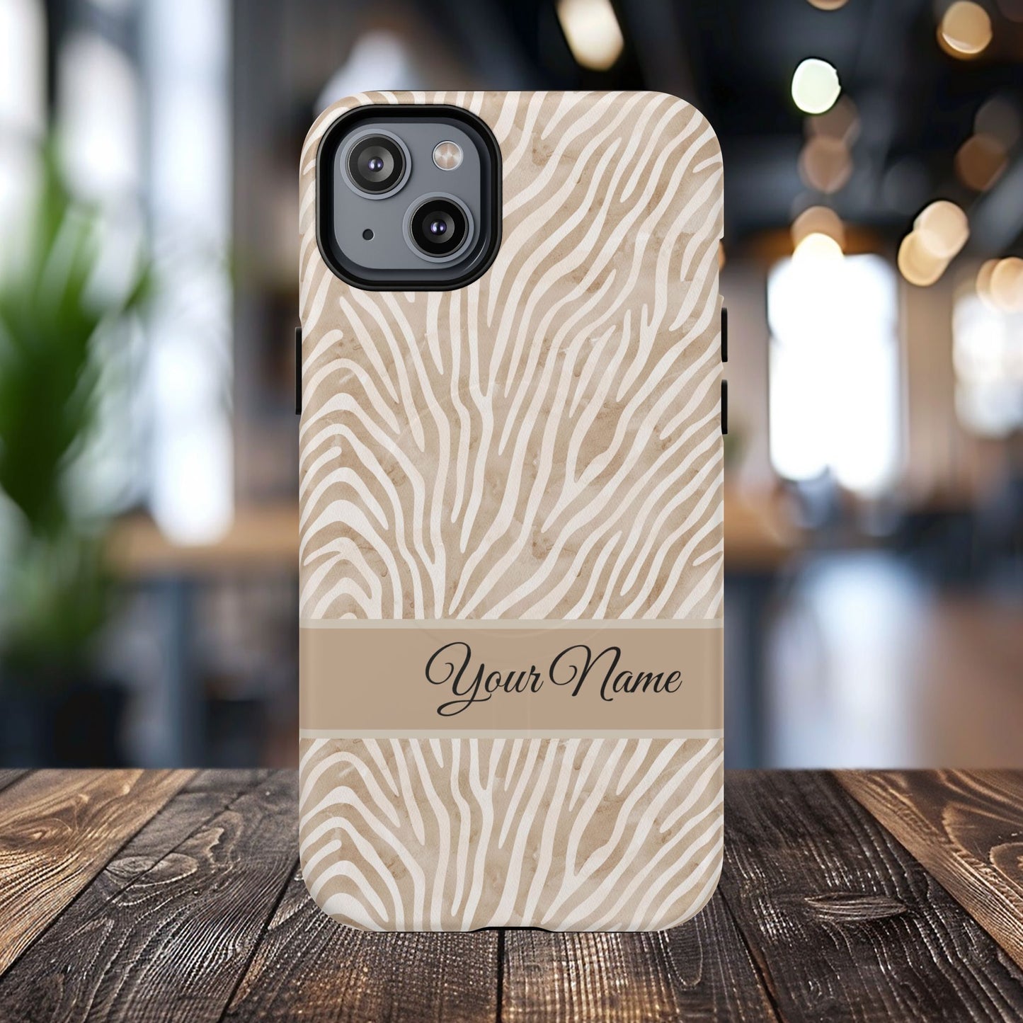 Personalized Zebra Animal Print Cover, Tough Magnetic MagSafe® iPhone® 13, 14, 15, 16, 17, Pro, Pro Max, Plus Cases (Custom Name).