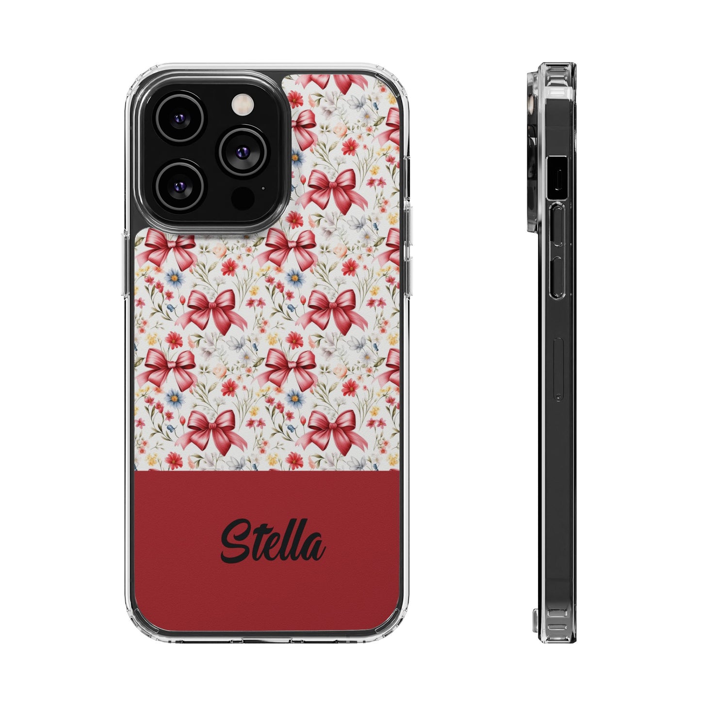 Personalized Rosette Coquette Floral Bow Clear iPhone, Samsung Cases — Custom Name Phone Cover