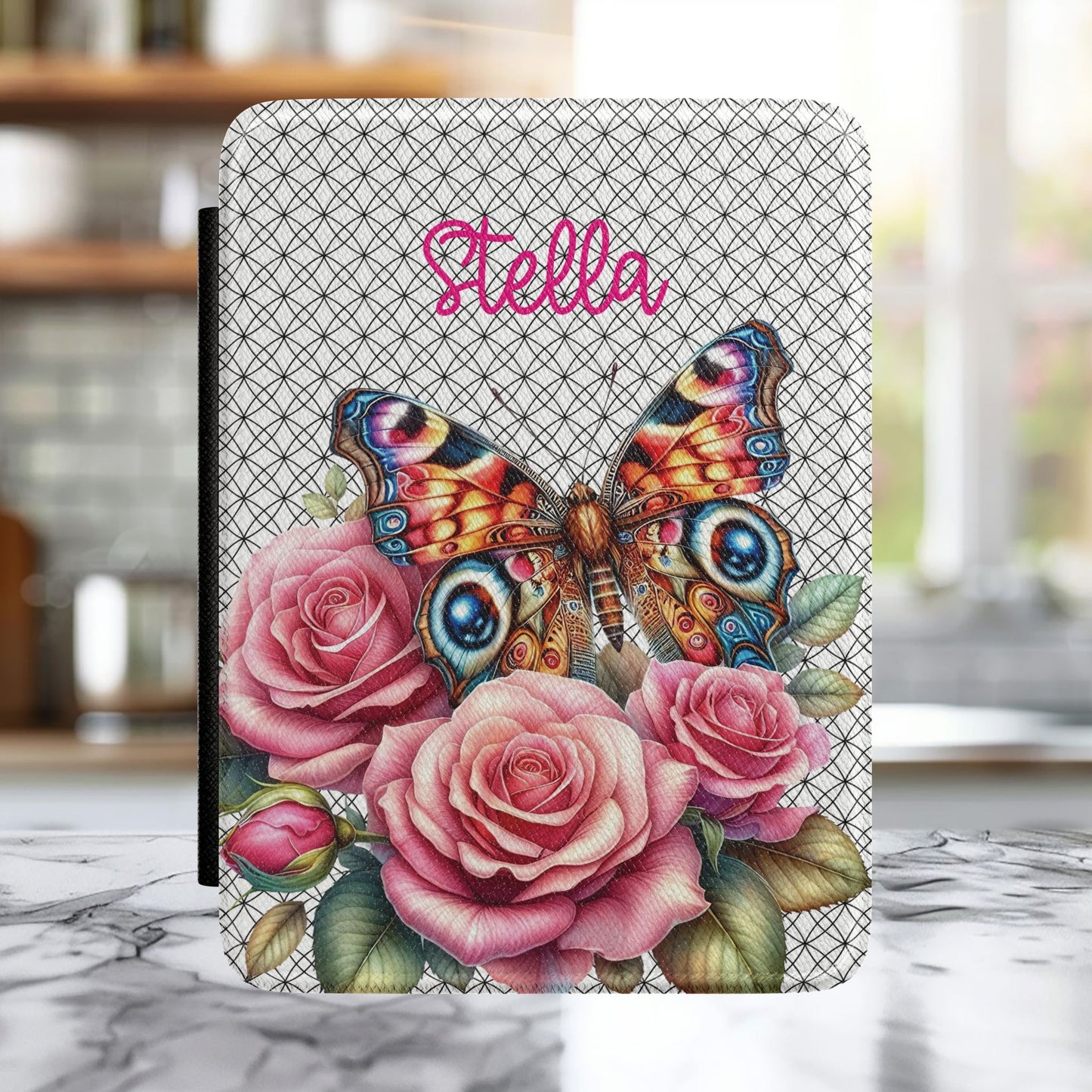 Personalized Butterfly & Roses Kindle Case — Custom Name E-Reader Cover