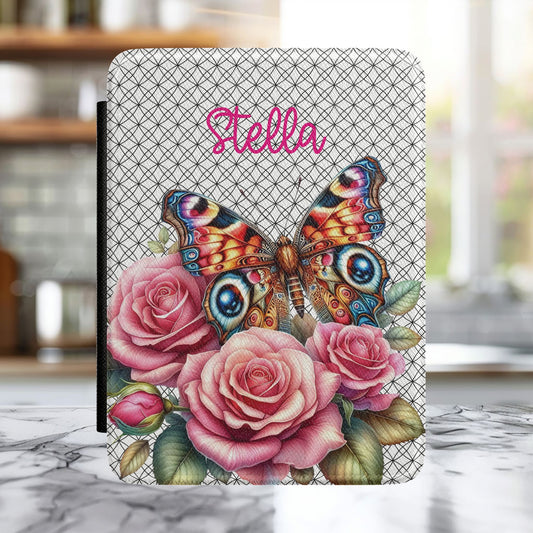 Personalized Butterfly & Roses Kindle Case — Custom Name E-Reader Cover