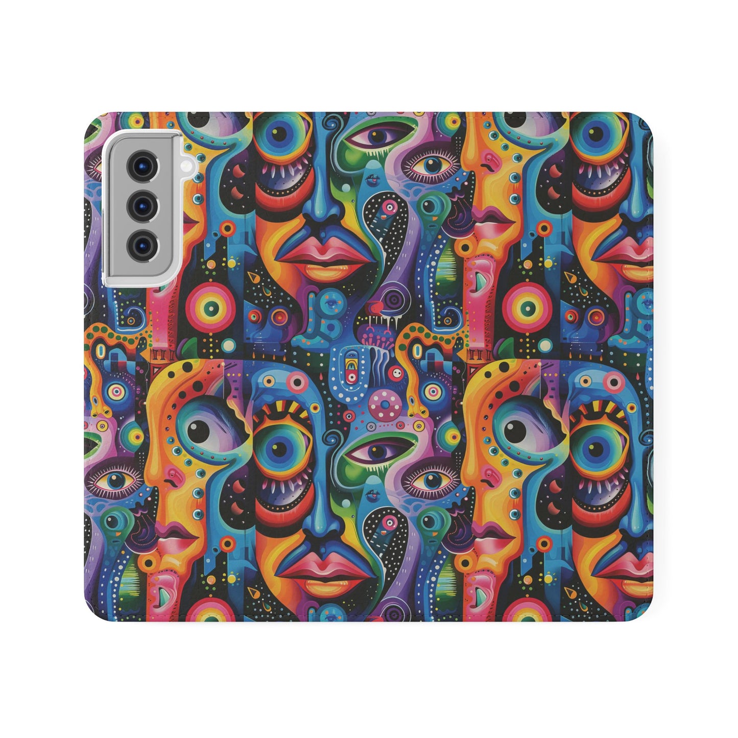 Psychedelic Visions Vibrant Art Flip iPhone and Samsung Phone Case - Colorful Faces Design for Phone Protection