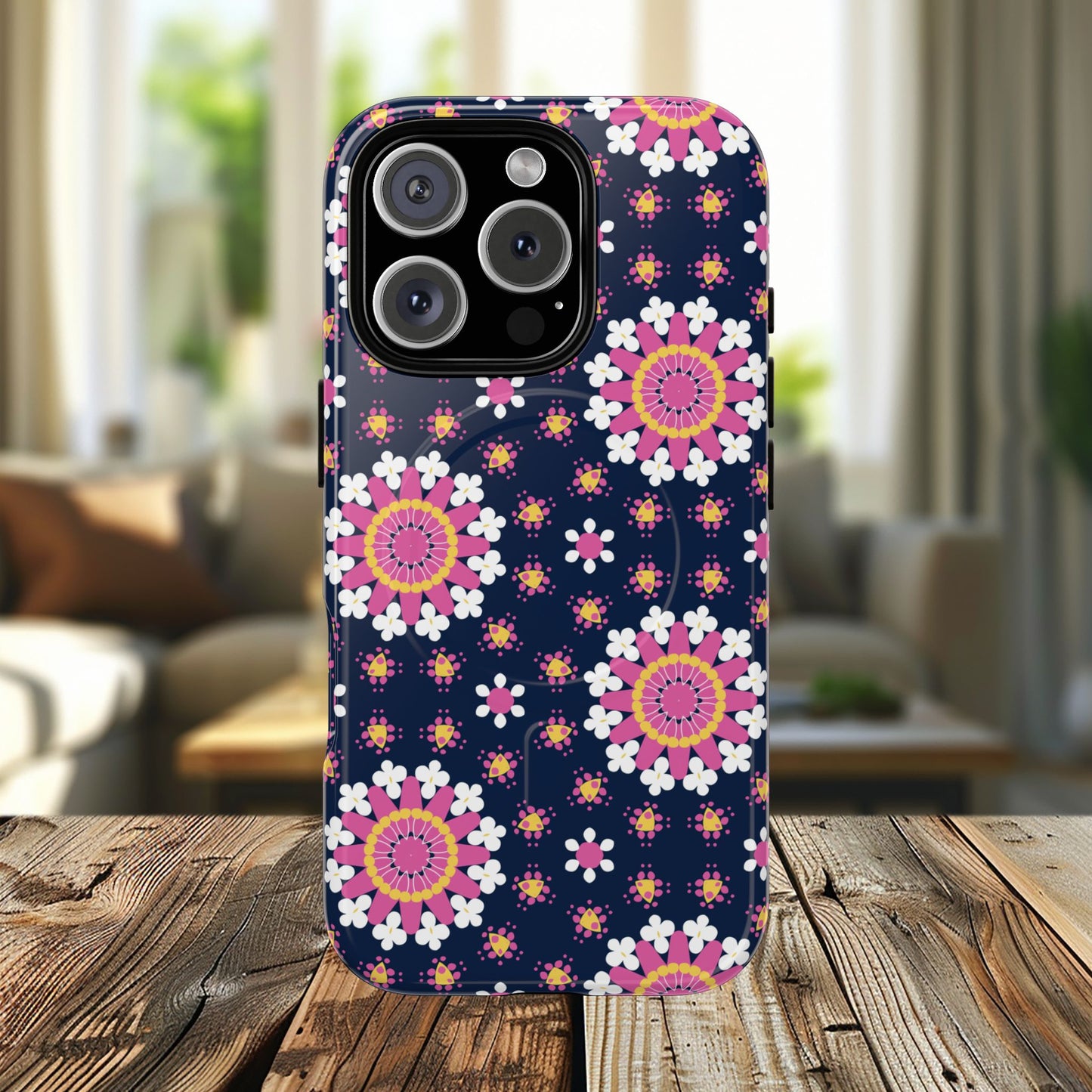 Midnight Mandala Bloom Tough iPhone Magnetic Case, Vibrant Design for Protection, Gift for Her, Trendy Accessory, Floral MagSafe iPhone Cover, Birthday, & Everyday Use