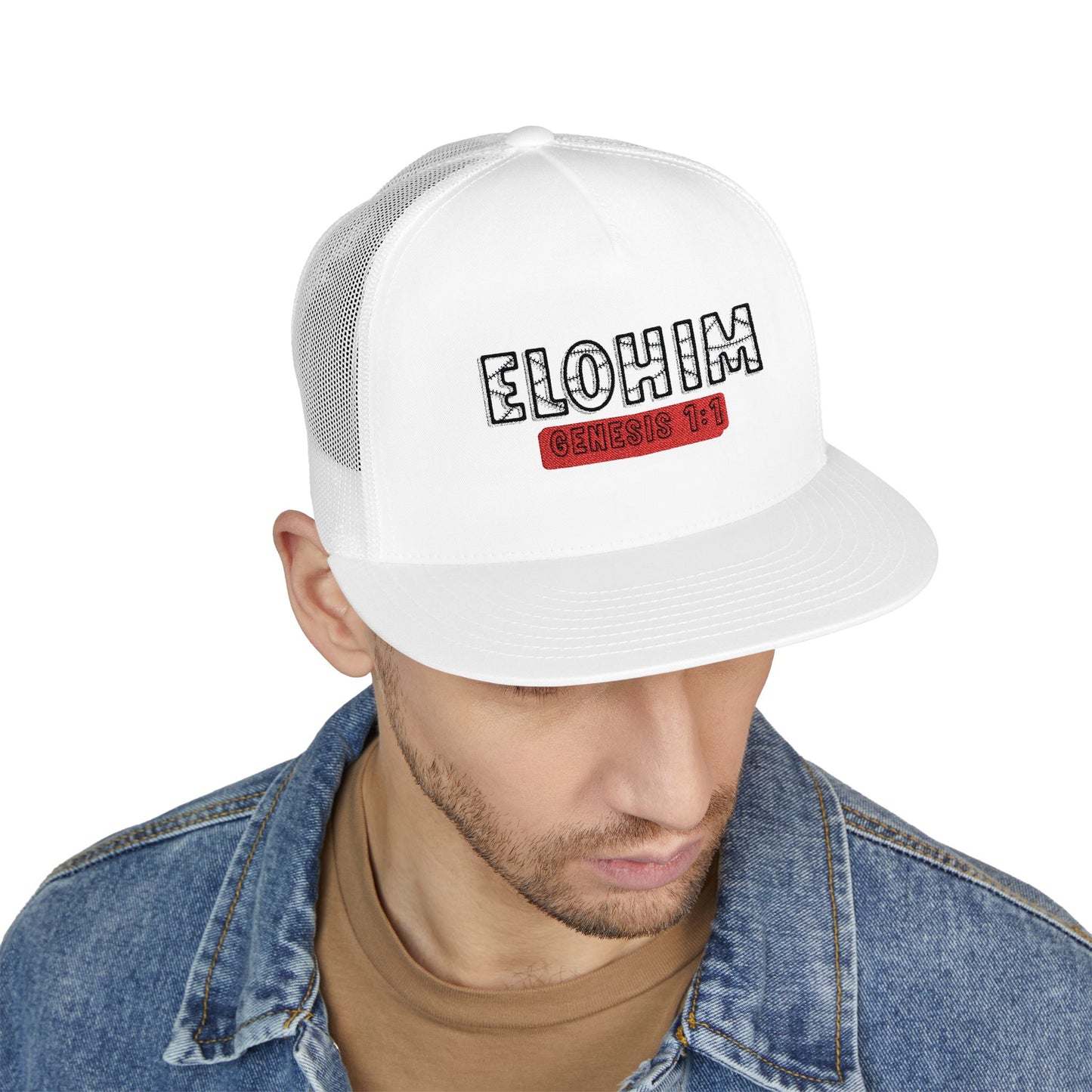 'ELOHIM, GENESIS 1:1'  Embroidered 5 Panel Trucker Cap | Casual Style Hat, Adjustable, Unisex, Perfect Gift for Outdoors, Festivals, Daily Wear