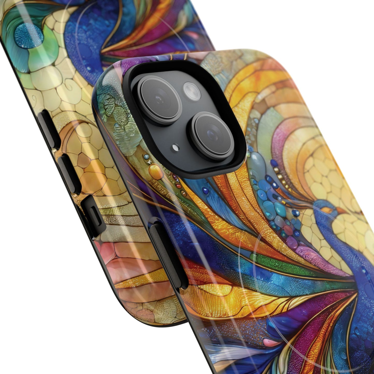 Mosaic Peacock Feathers Magnetic Phone Case, Tough Phone Shell, Vibrant Art Case, Gift for Her, Unique Phone Accessory, Wildlife Lover's Gift, Stained Glass Case.