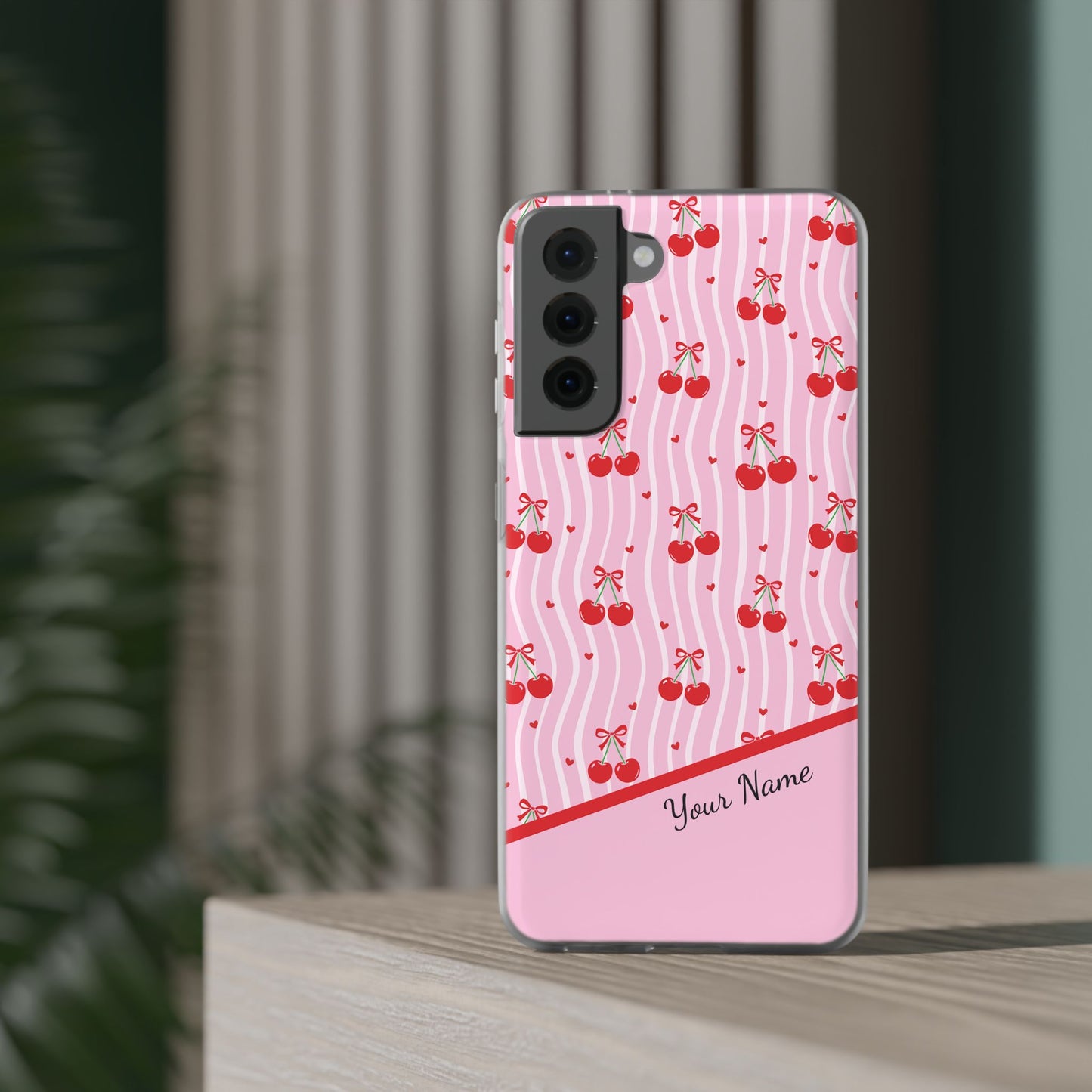 Personalized Cherry Blossom Dreams Flexi Case — Pink Retro Cherry iPhone® 7/8, 11, 12, 13, 14, 15, 16, 17, X/XS, SE, XR, Mini, Pro, Pro Max, Plus Cases.