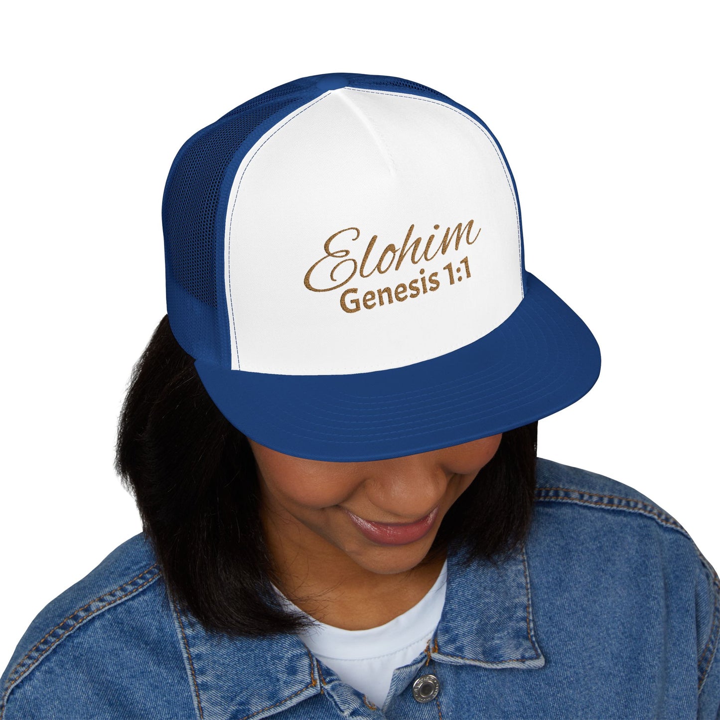 'ELOHIM, GENESIS 1:1'  Embroidered 5 Panel Trucker Cap | Casual Style Hat, Adjustable, Unisex, Perfect Gift for Outdoors, Festivals, Daily Wear