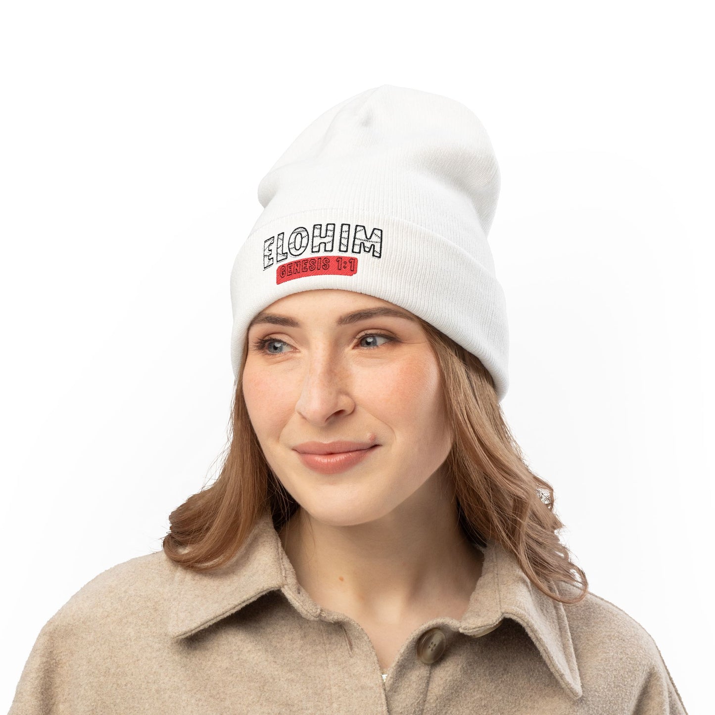 Stylish Knit Beanie with 'ELOHIM, Genesis 1:1' Embroidery, Winter Accessory, Religious Gift, Cozy Beanie Cap, Faith-Inspired Fashion