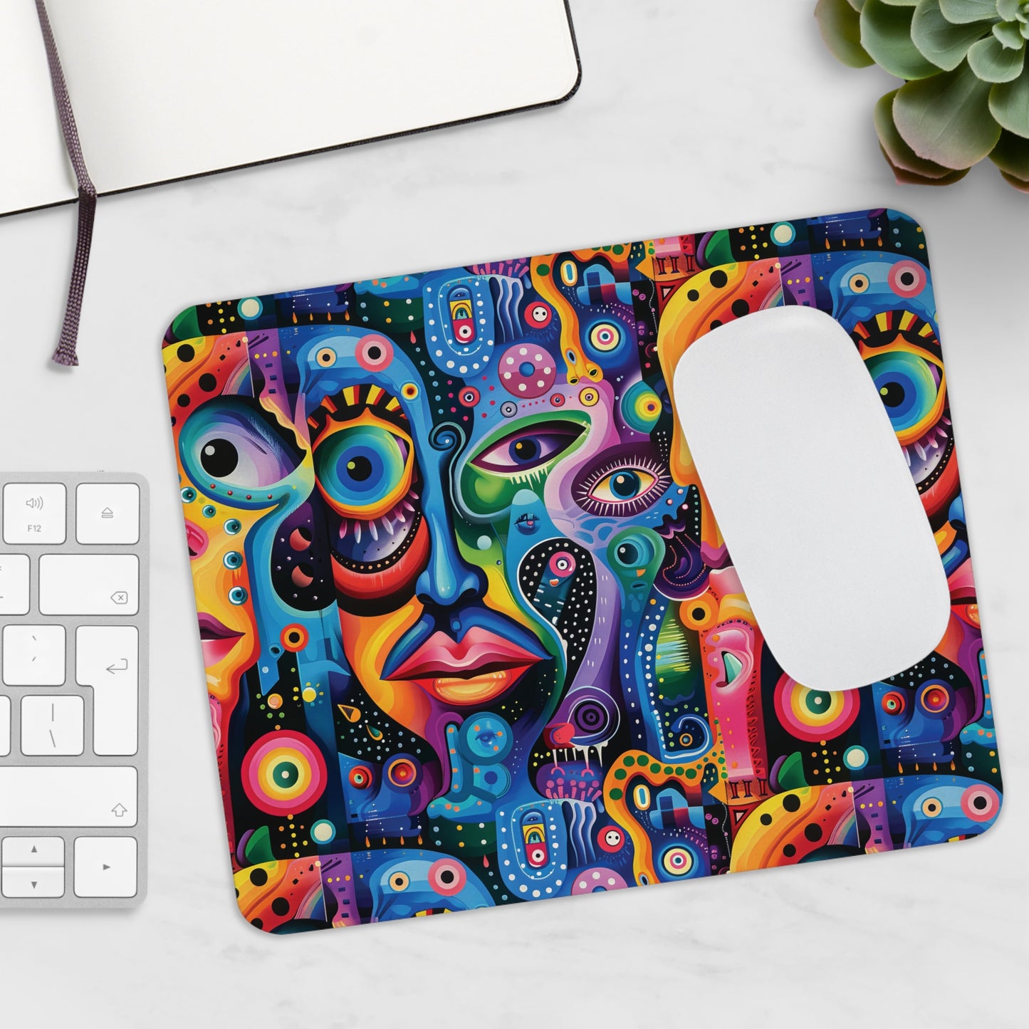 Psychedelic Visions Colorful Abstract Faces Mouse Pad - Vibrant Desk Accessory for Art Lovers.