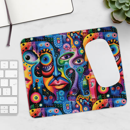 Psychedelic Visions Colorful Abstract Faces Mouse Pad - Vibrant Desk Accessory for Art Lovers.