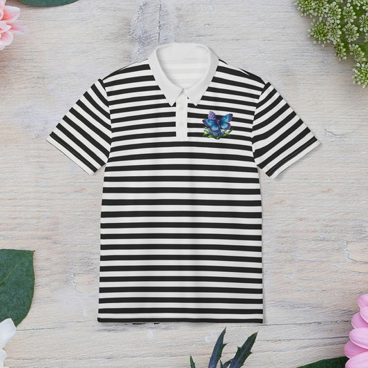 Elegant Floral Butterfly Striped Unisex Polo Shirt, Casualwear, Summer Fashion, Gift for Him/Her, Outdoor Activities, Everyday Style, Gift for Her and Gift for Him.