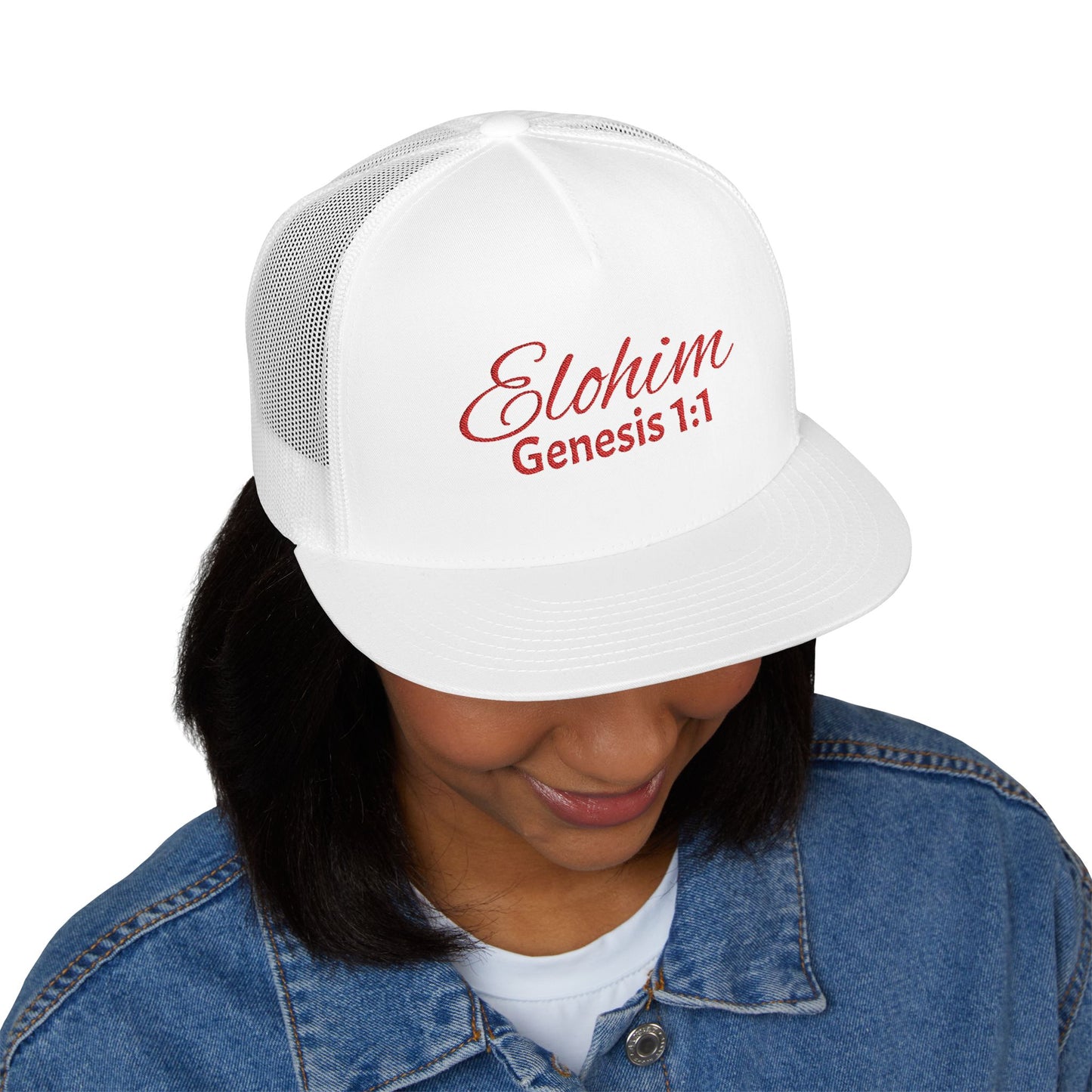 Red 'ELOHIM, GENESIS 1:1'  Embroidered 5 Panel Trucker Cap | Casual Style Hat, Adjustable, Unisex, Perfect Gift for Outdoors, Festivals, Daily Wear
