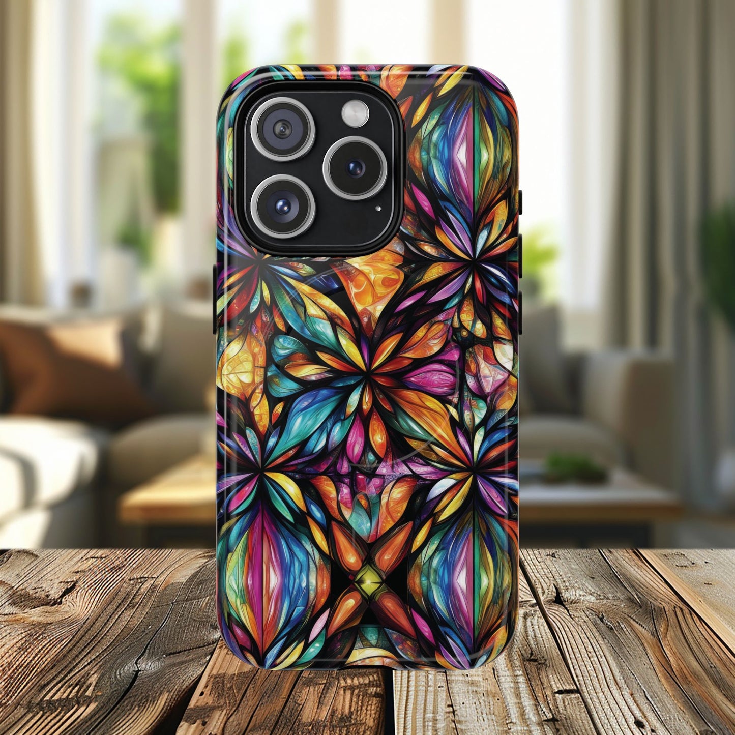 Luminous Whirl Tough Magnetic iPhone Cases, Vibrant Protection, Unique Floral Print, Durable Cover, Gift for Tech Lovers, iPhone Accessory, Stained Glass iPhone Design.